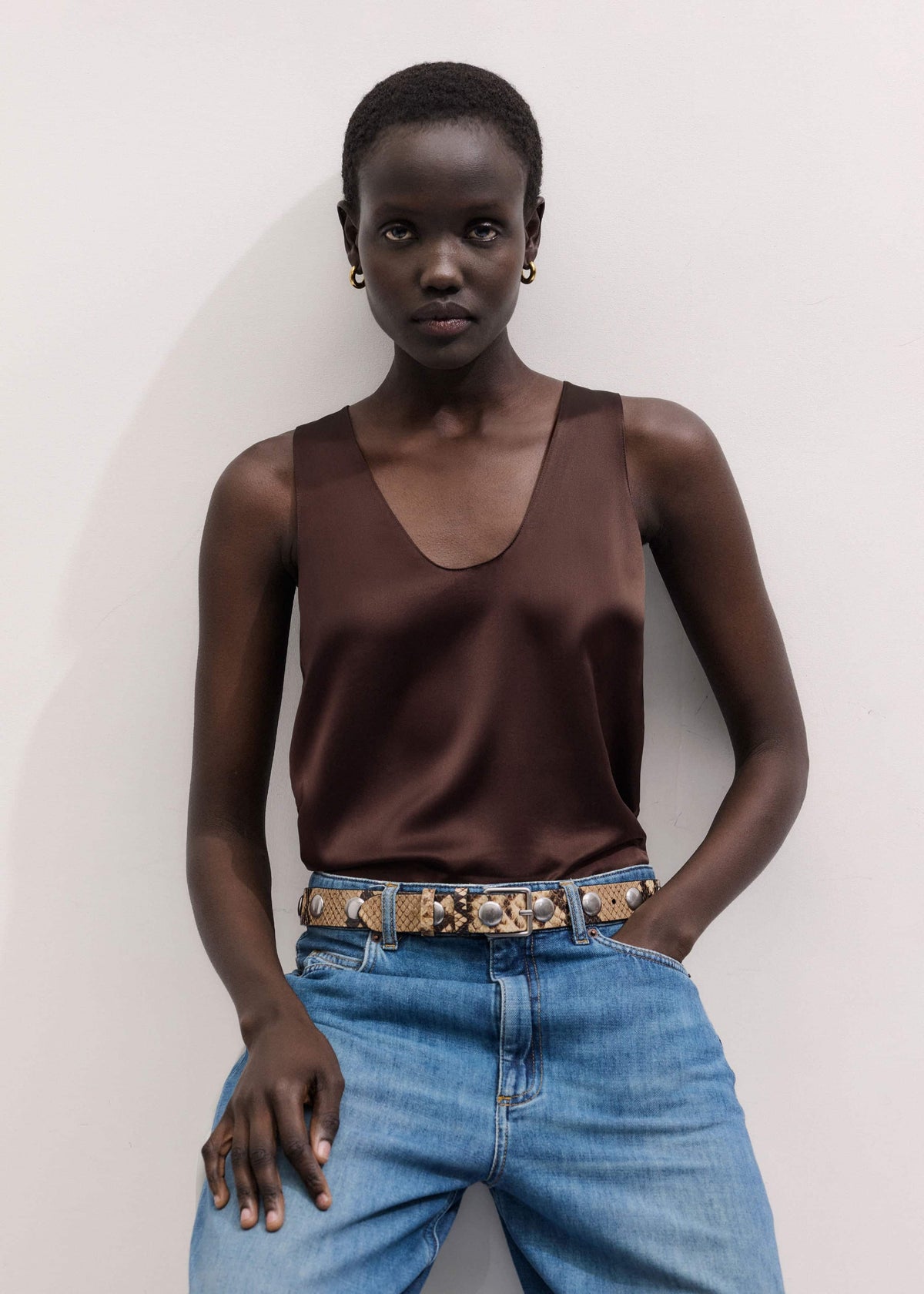 Brown Silk Satin Fluid Evening Tank