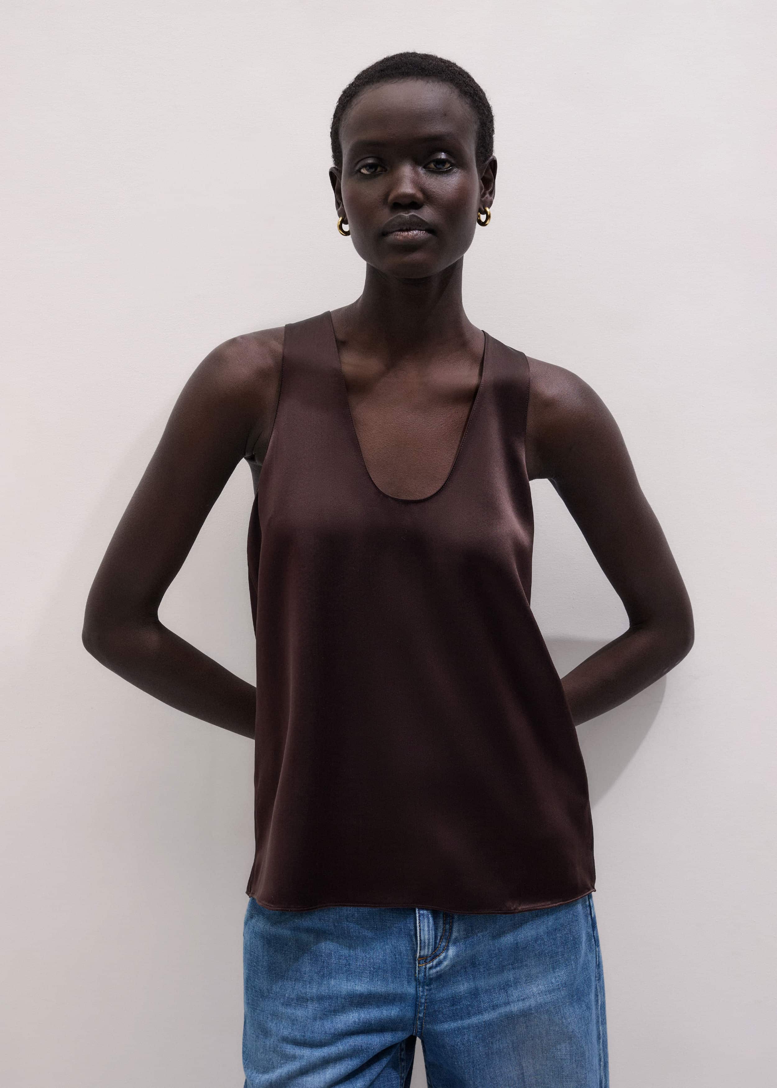 Brown Silk Satin Fluid Evening Tank