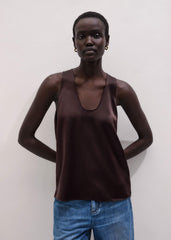 Brown Silk Satin Fluid Evening Tank