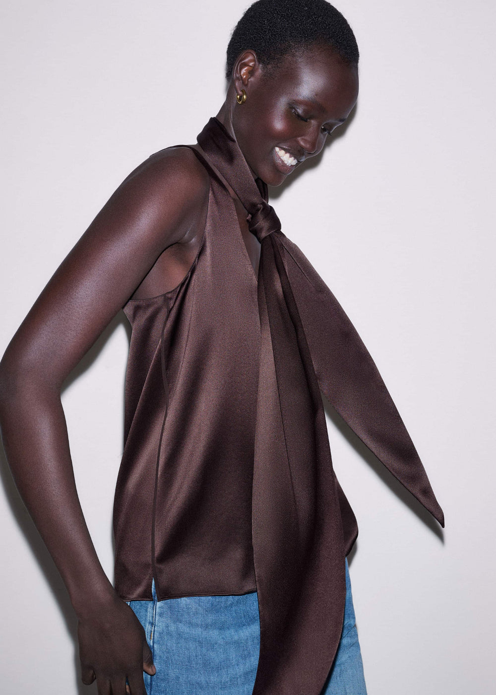 Brown Silk Satin Fluid Evening Tank