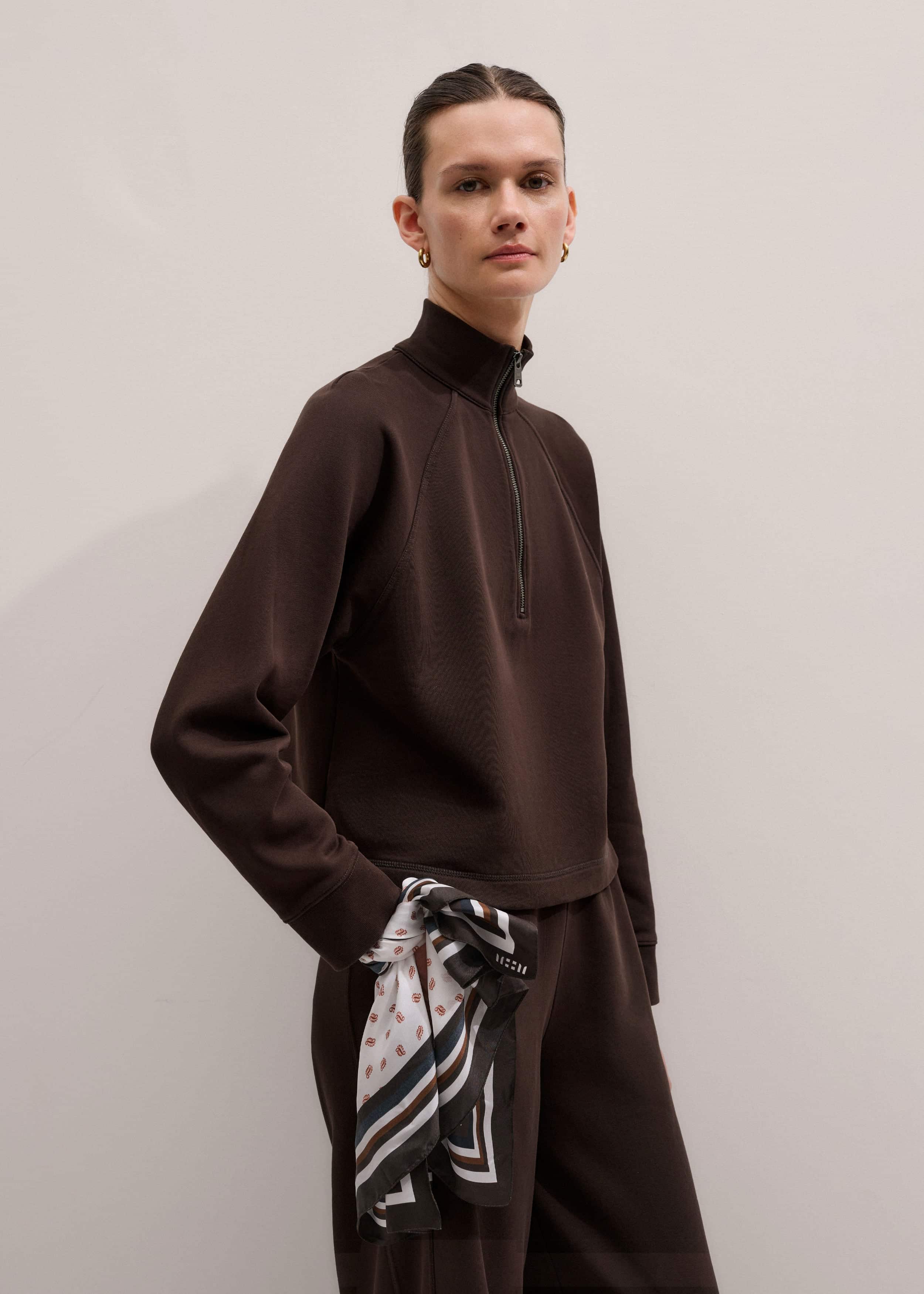 Brown Sweatshirt Cropped Funnel Neck Top