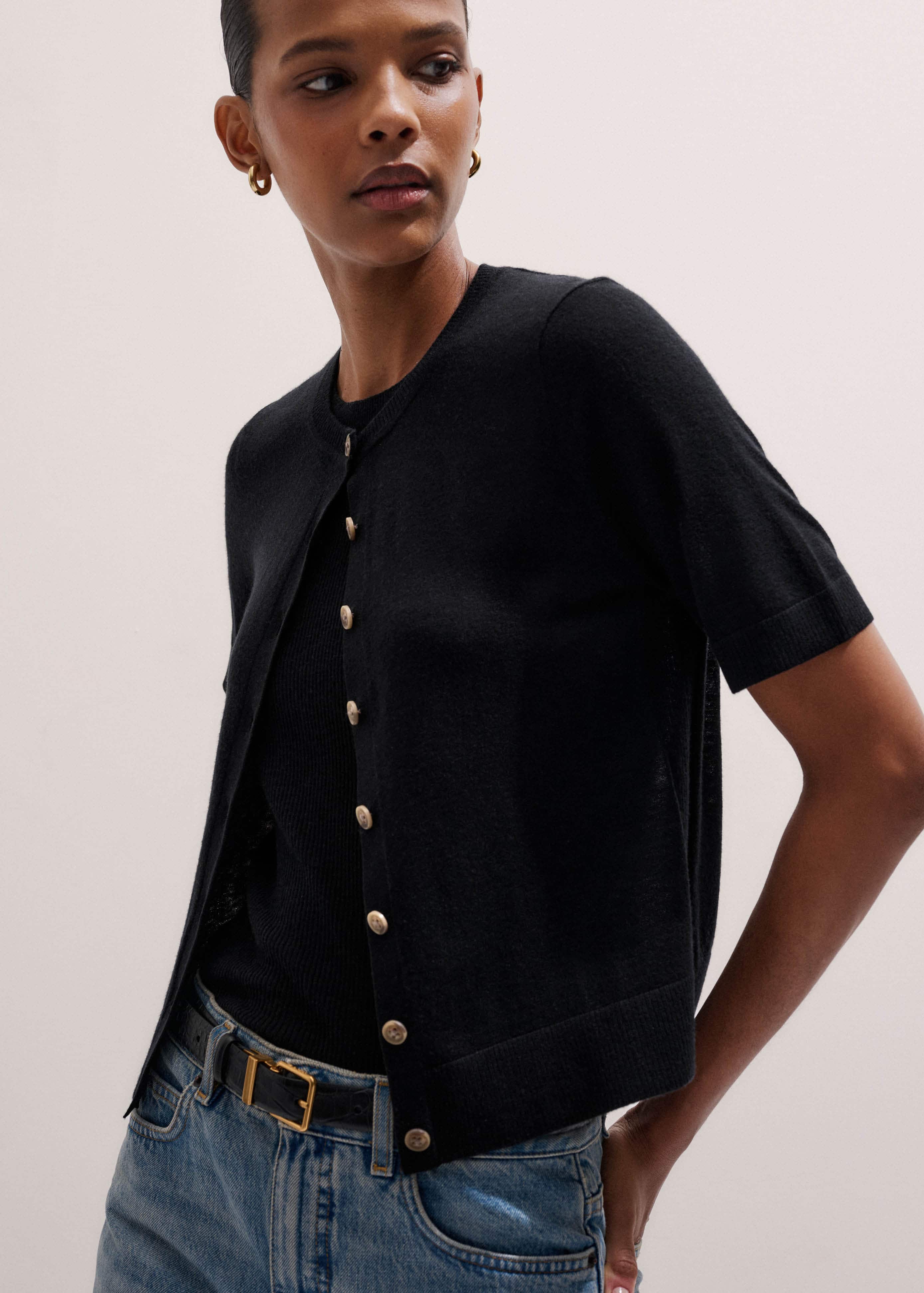Black Merino Cashmere Barely There Buttoned Knit Tee