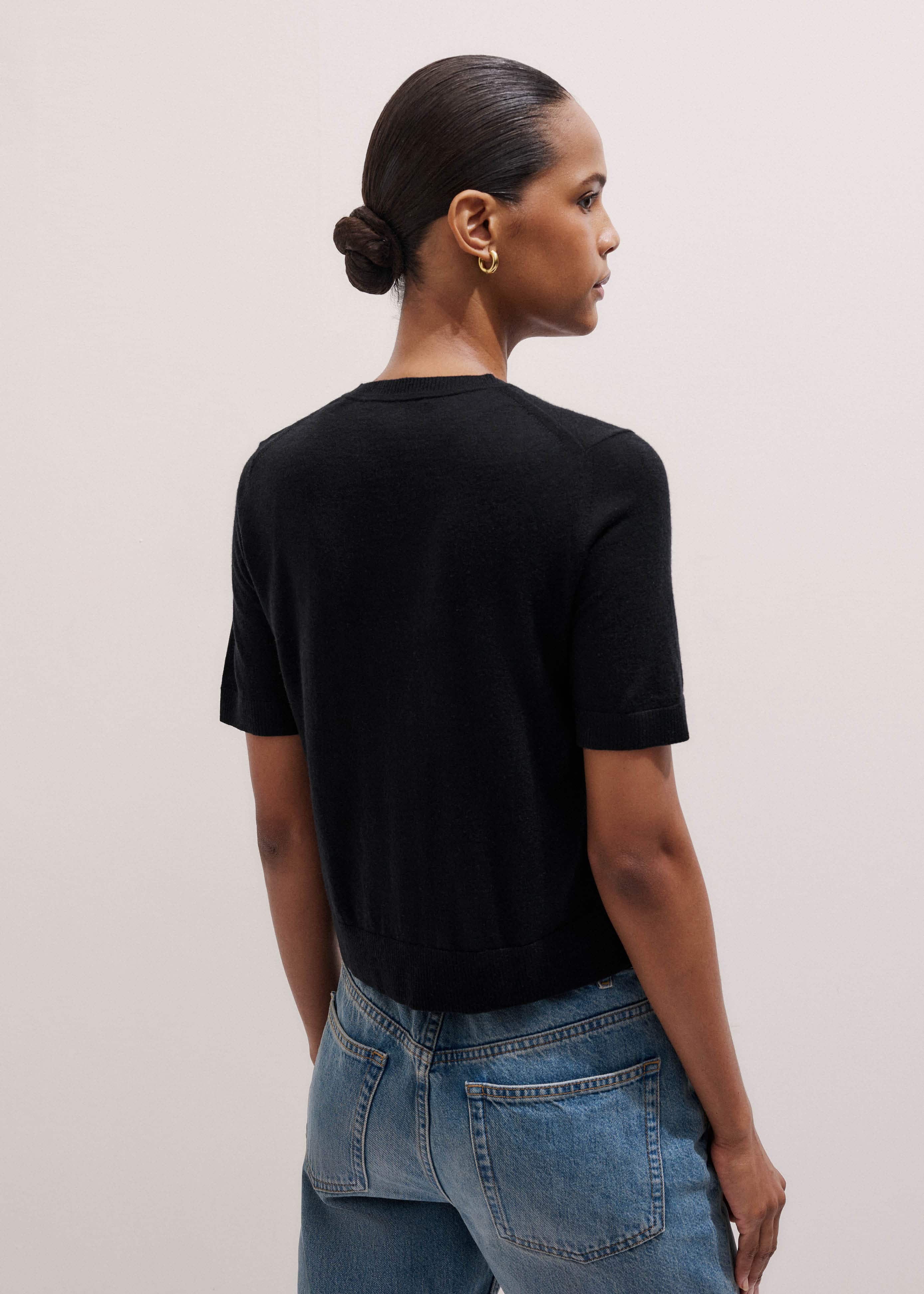 Black Merino Cashmere Barely There Buttoned Knit Tee