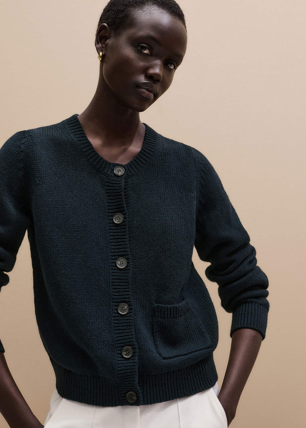 Navy Boxy Knit Straight Cardigan