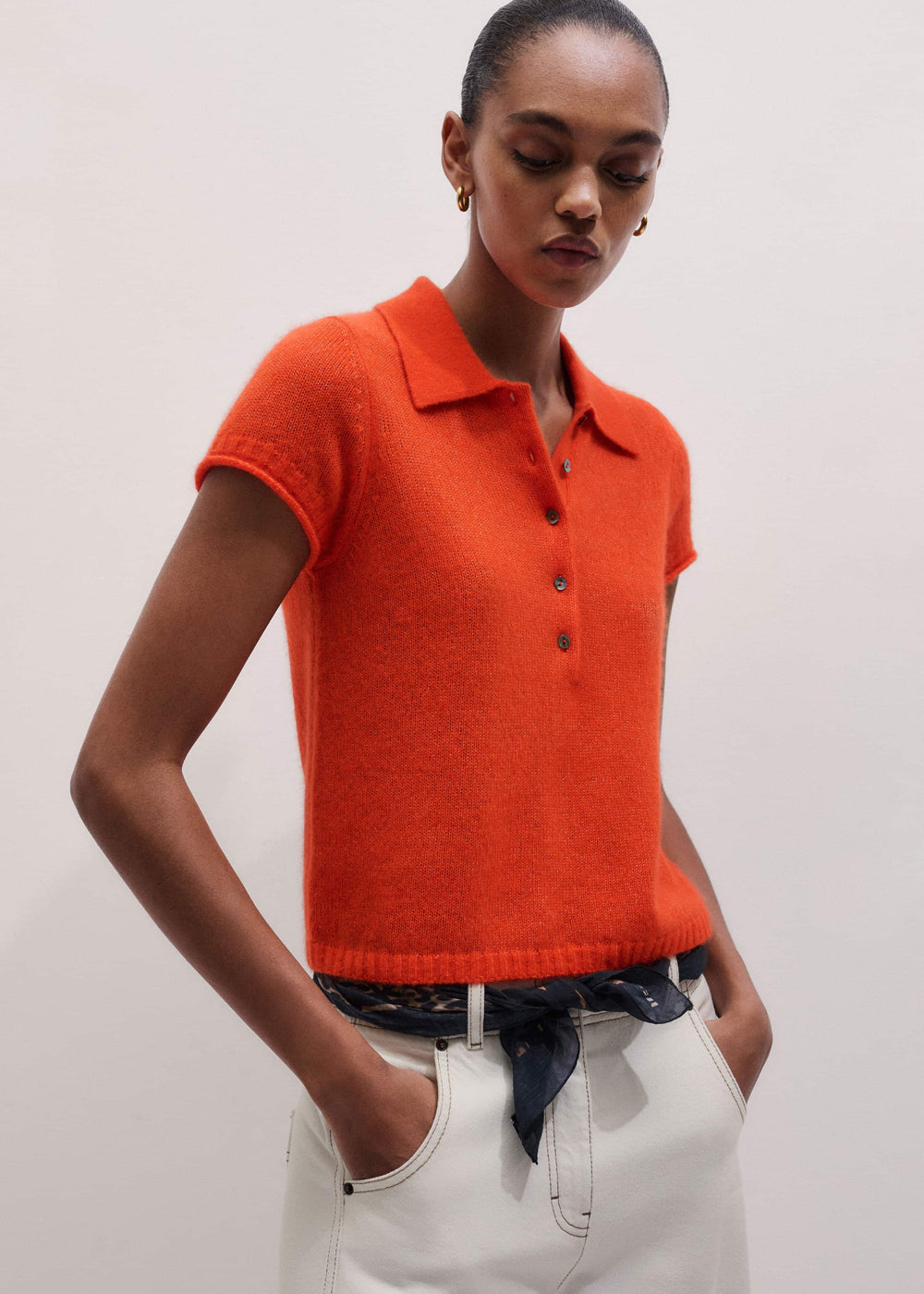 Orange Merino Cashmere Silk Straight Polo Tee