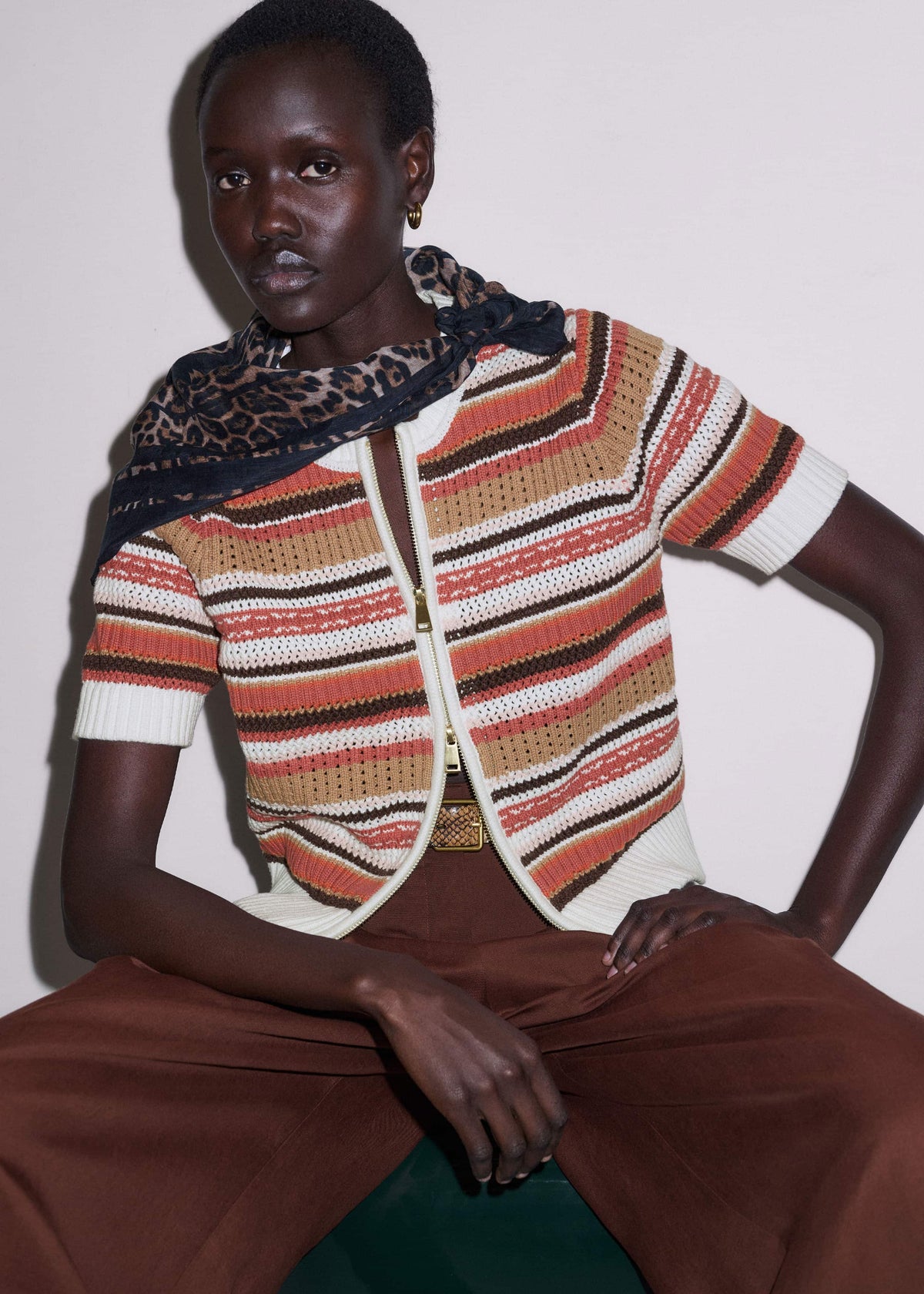 Cinnamon Brown Double Zip Knit Tee