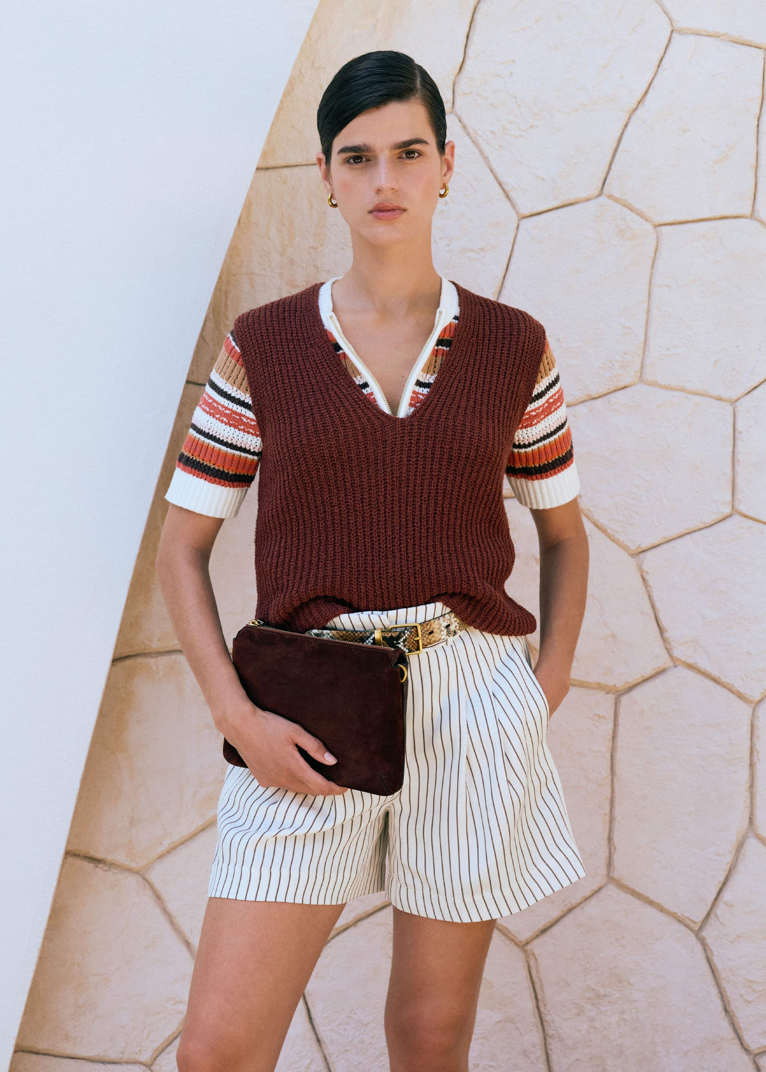 Cinnamon Brown Double Zip Knit Tee