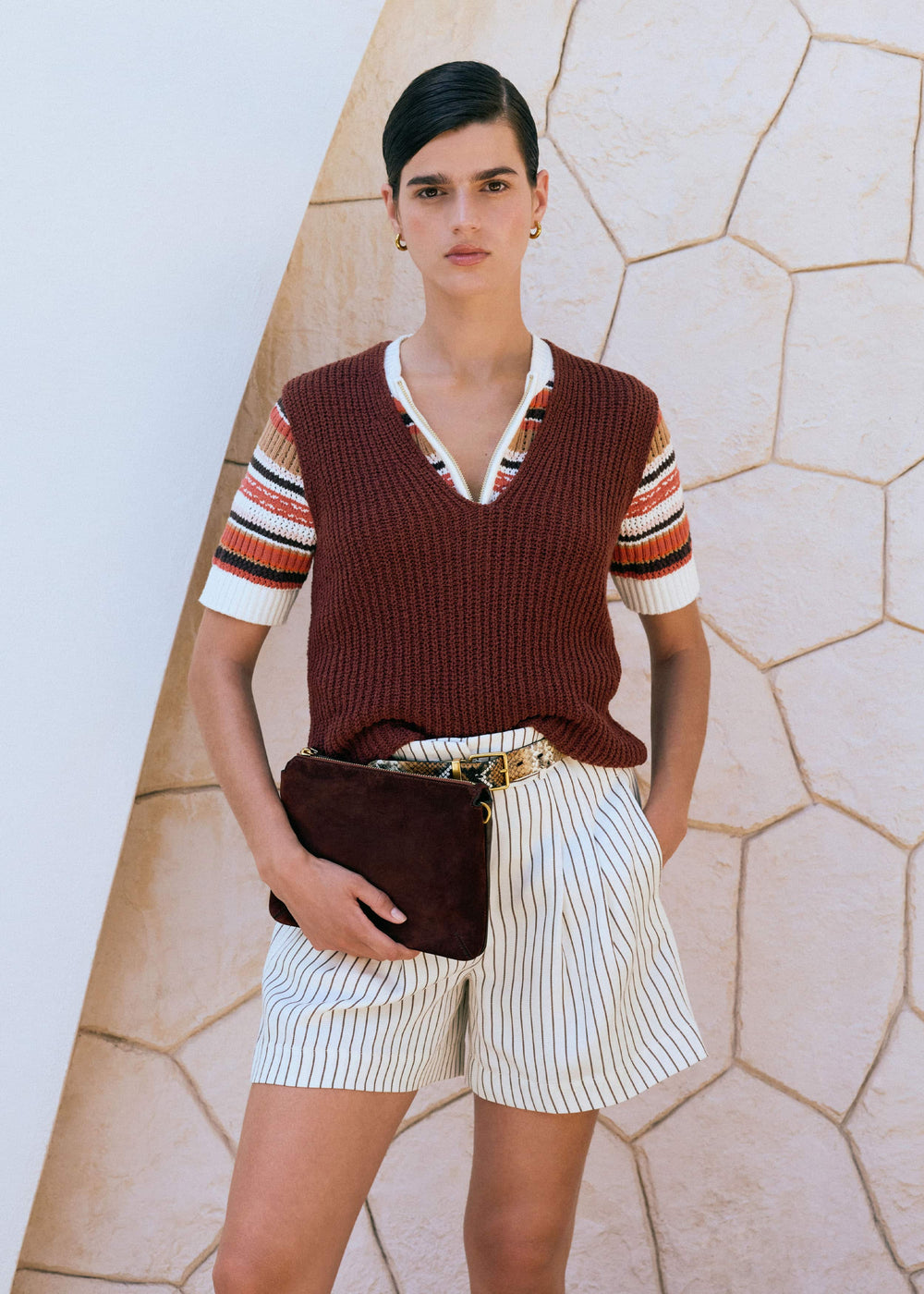 Cinnamon Brown Double Zip Knit Tee