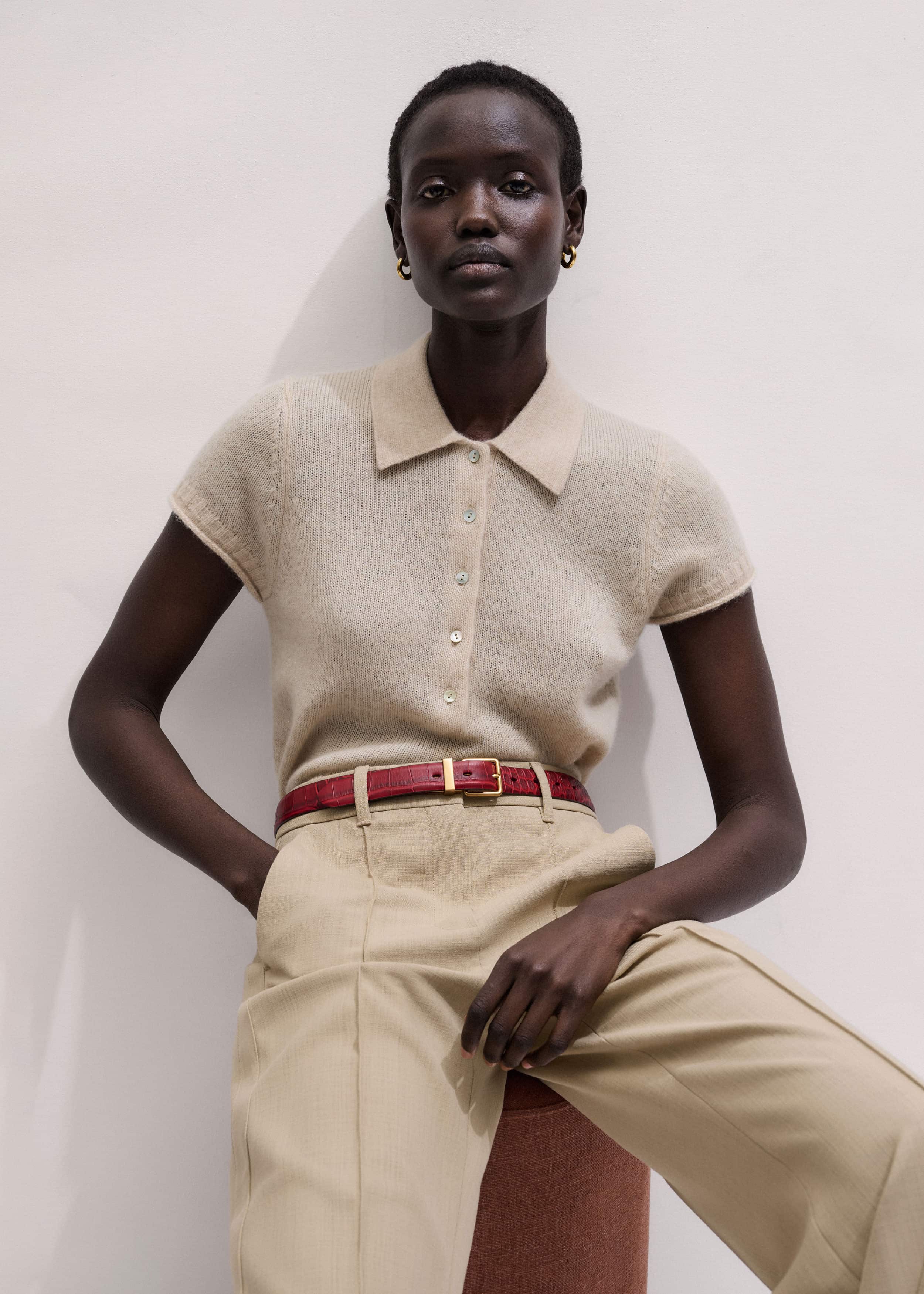 Oatmeal Merino Cashmere Silk Straight Polo Tee