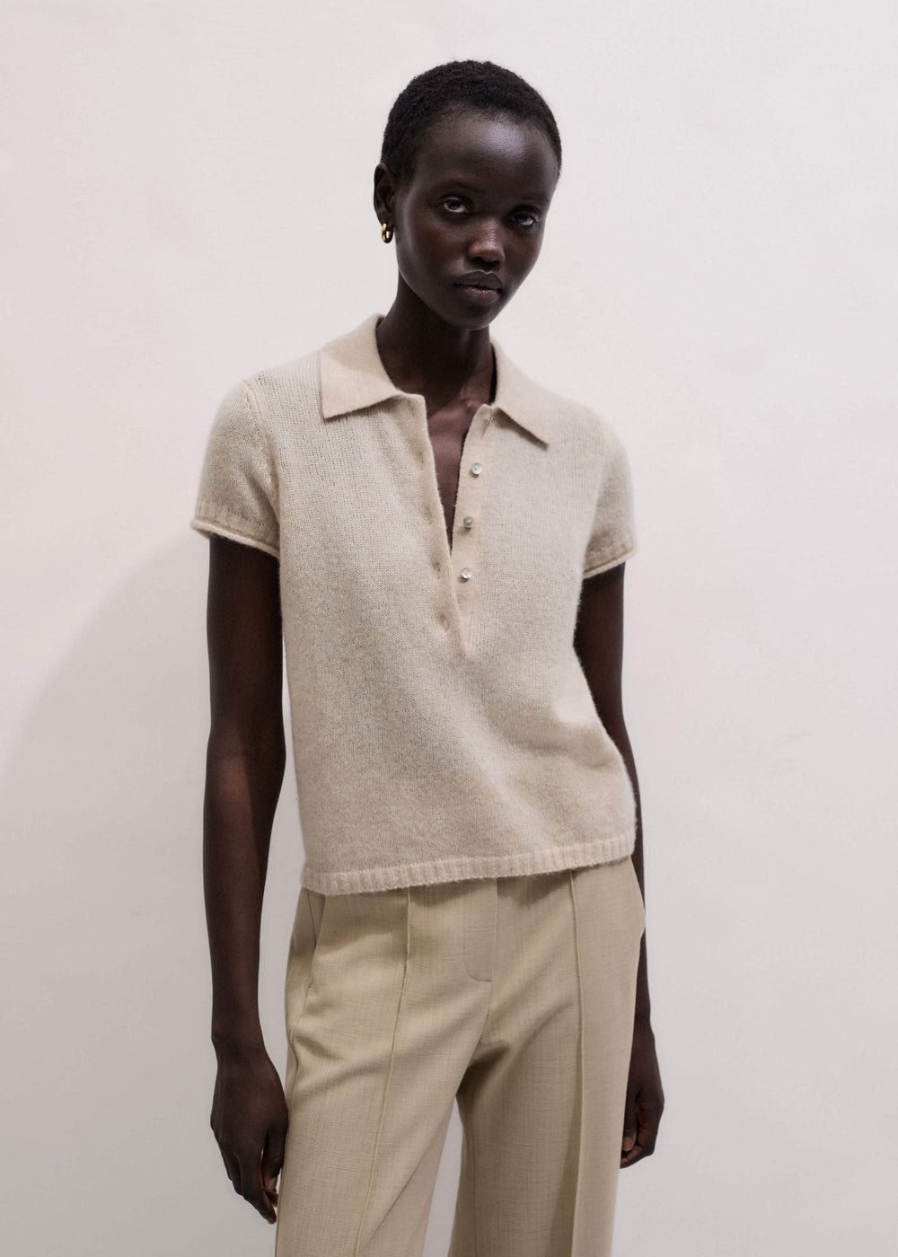 Oatmeal Merino Cashmere Silk Straight Polo Tee