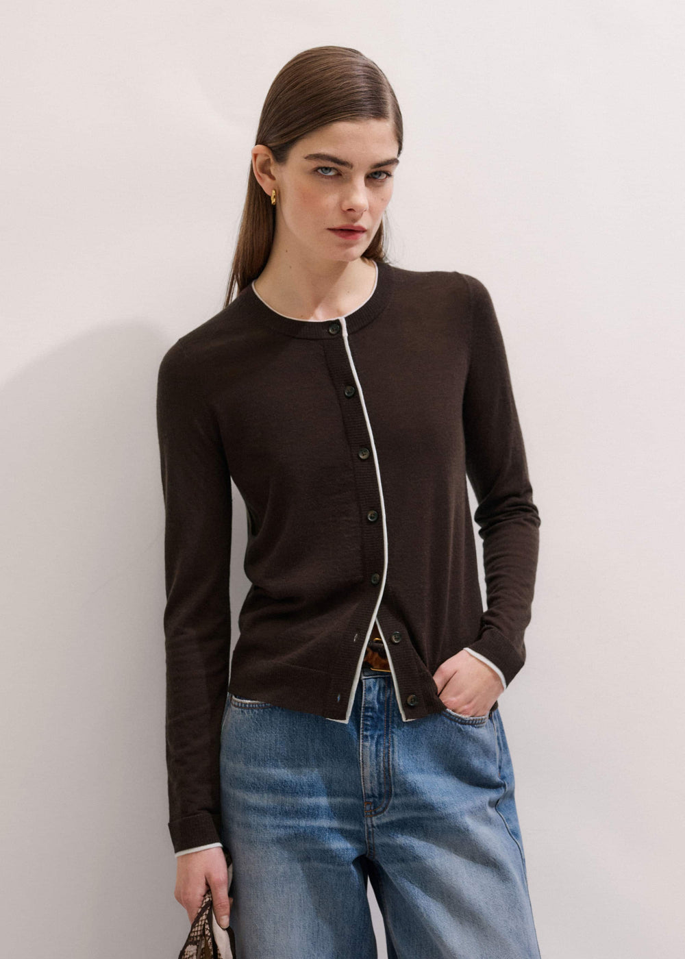 Brown Barely There Contrast Slim Cardigan
