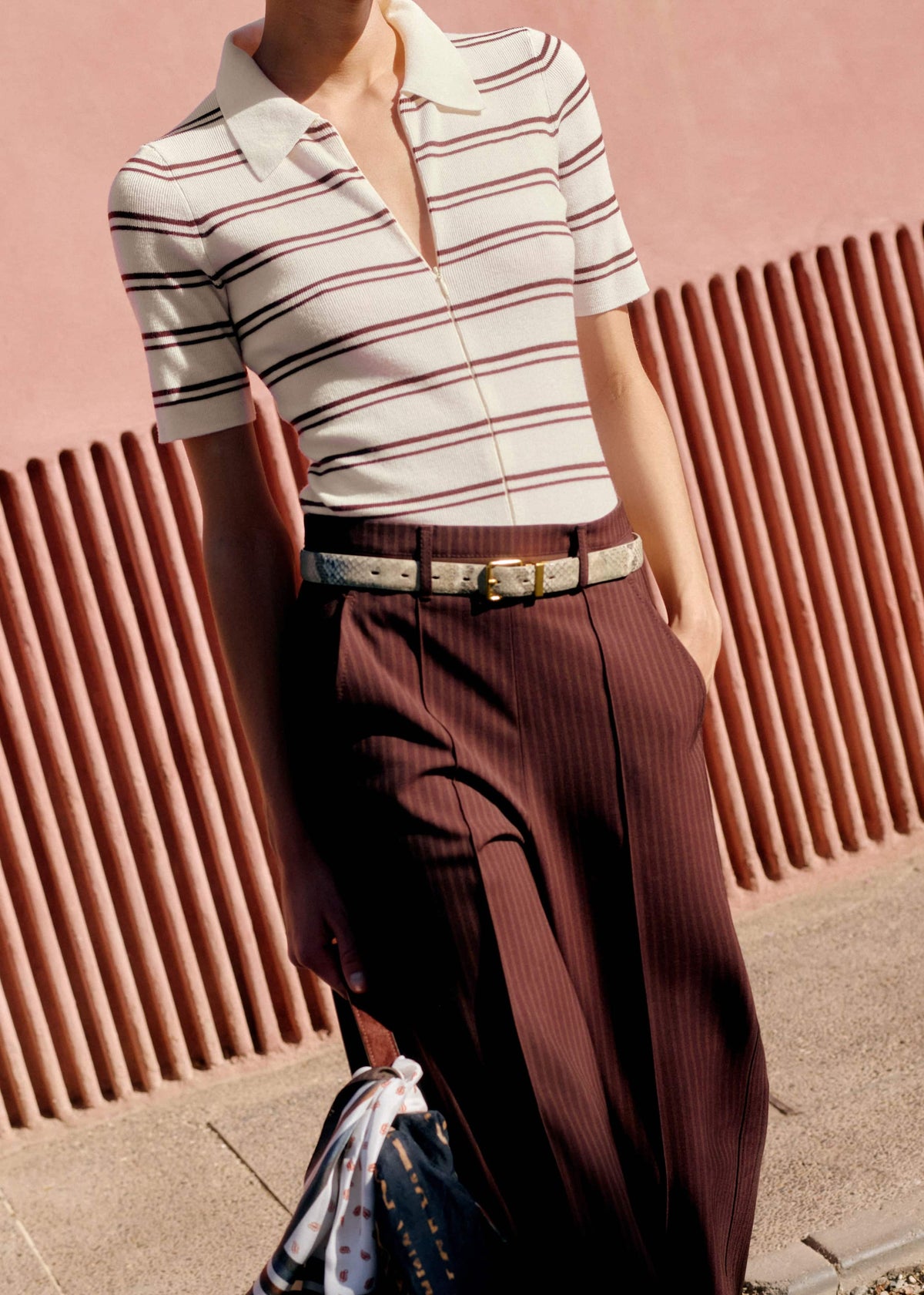 Cream Two-Way Zip Stripe Slim Tee