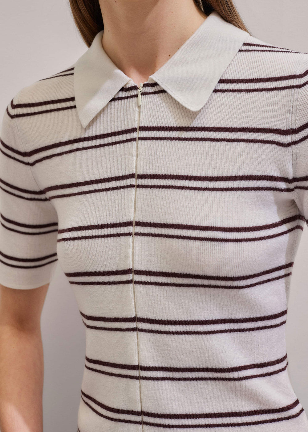Cream Two-Way Zip Stripe Slim Tee