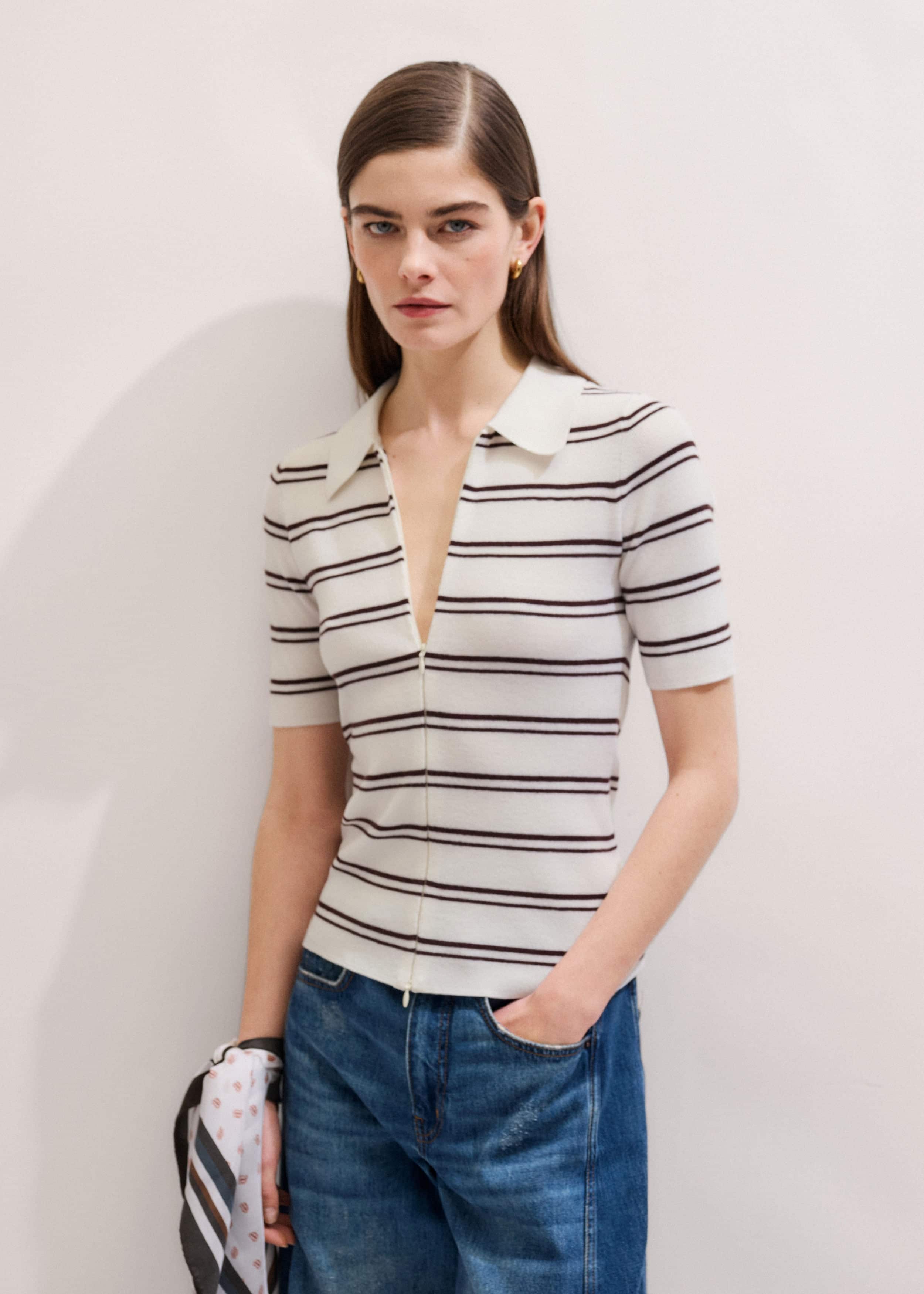 Cream Two-Way Zip Stripe Slim Tee