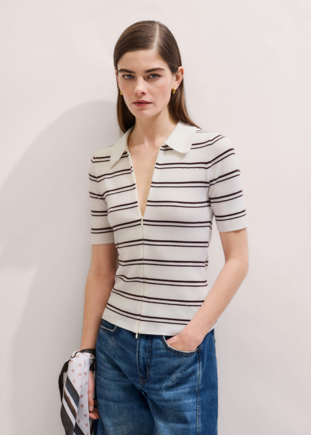 Cream Two-Way Zip Stripe Slim Tee