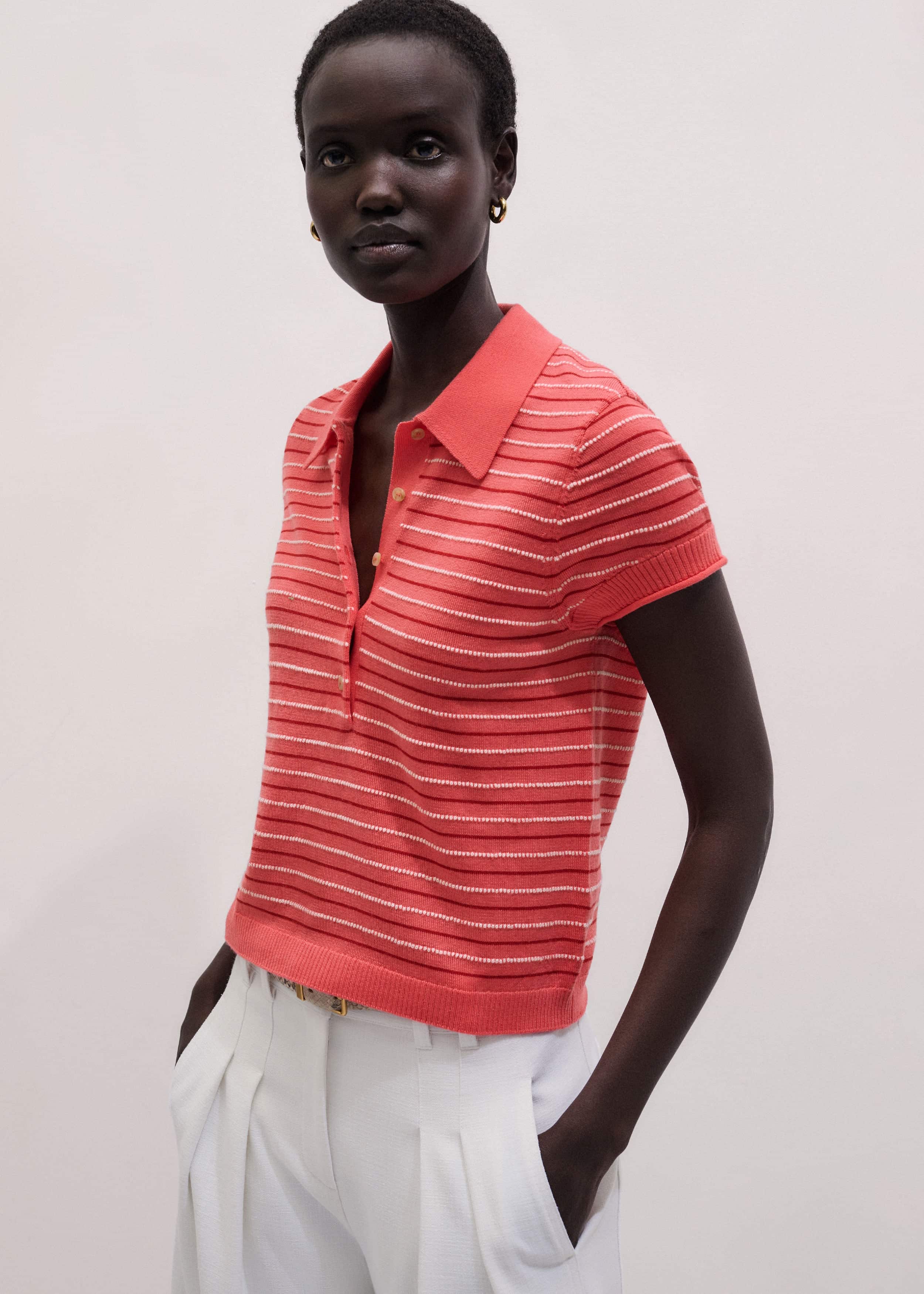 Pink Textured Stripe Straight Sporty Smart Polo Tee