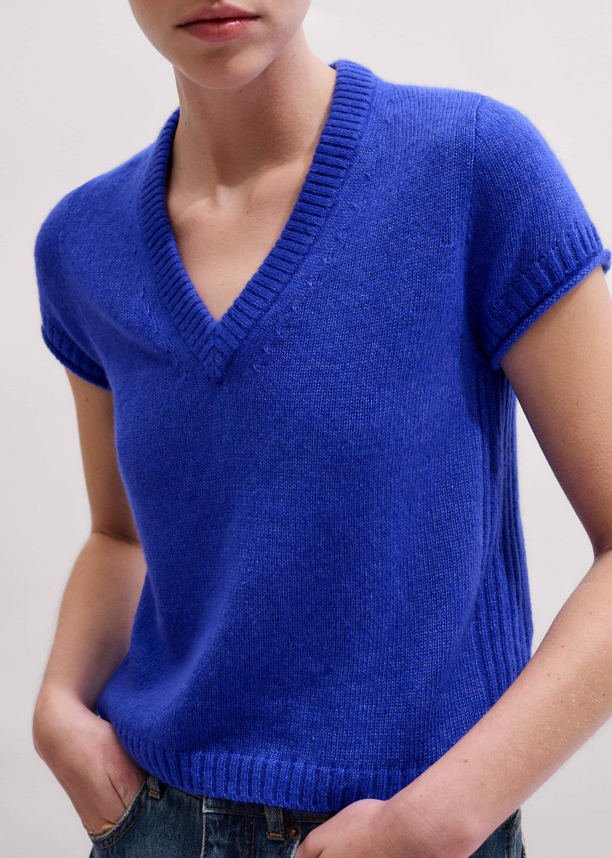 Blue Merino Cashmere Silk V-Neck Baby Tee