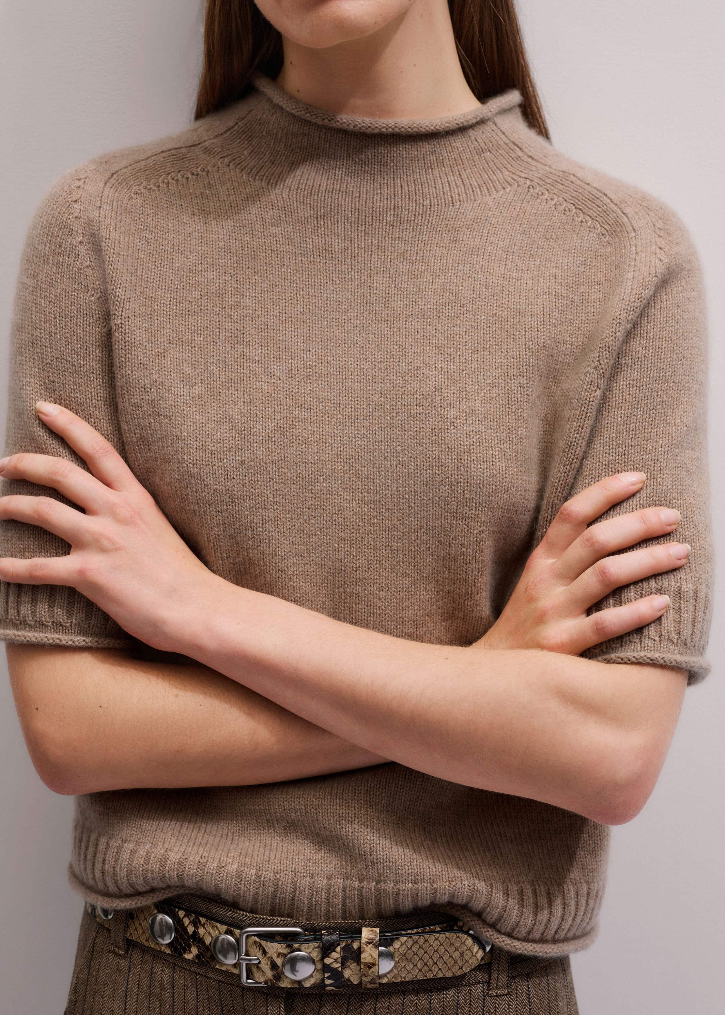 Brown Cashmere Roll Trim Knit Tee