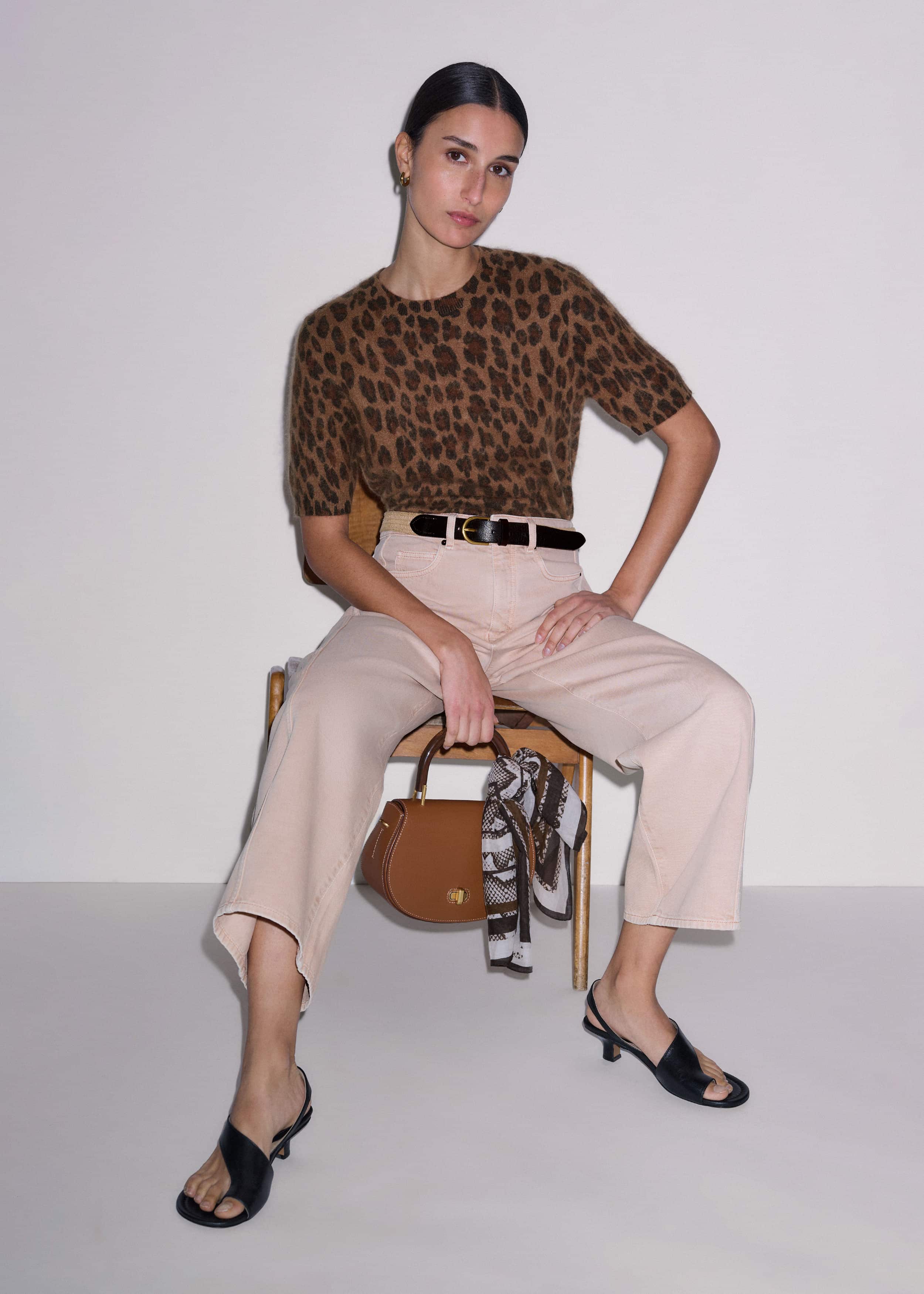 Brown Merino Cashmere Leopard Print Straight Knit Tee