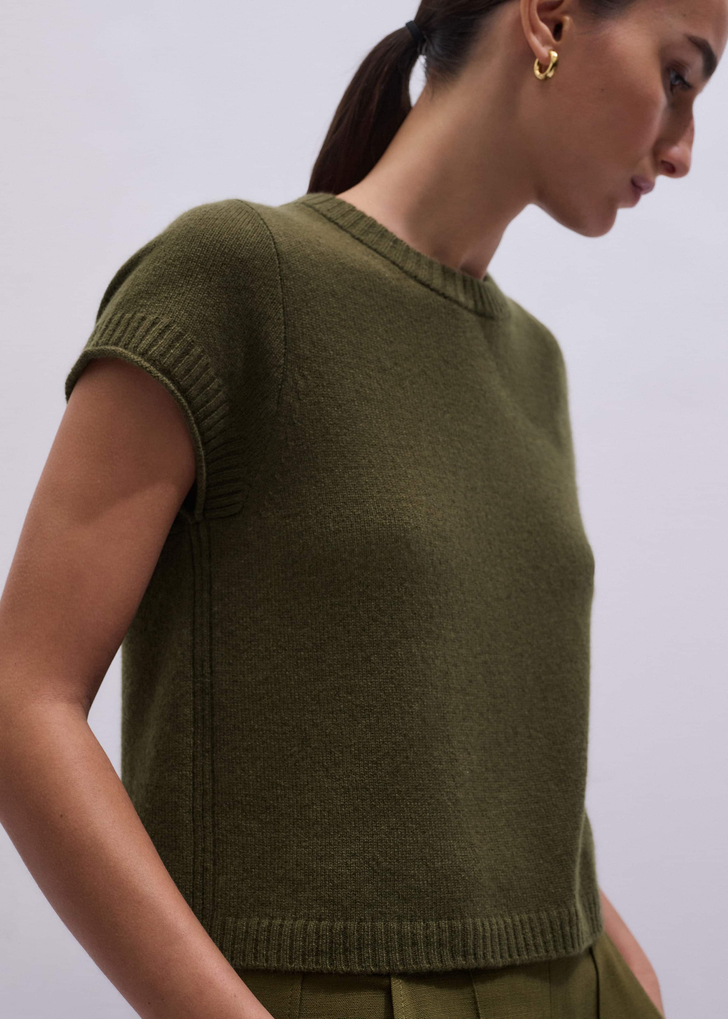 Olive Green Cashmere Shrunken Knit Baby Tee