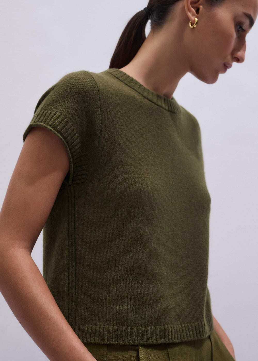 Olive Green Cashmere Shrunken Knit Baby Tee