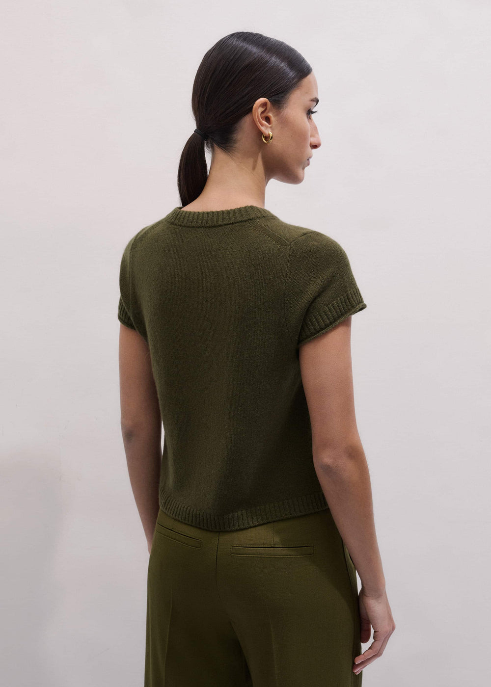 Olive Green Cashmere Shrunken Knit Baby Tee