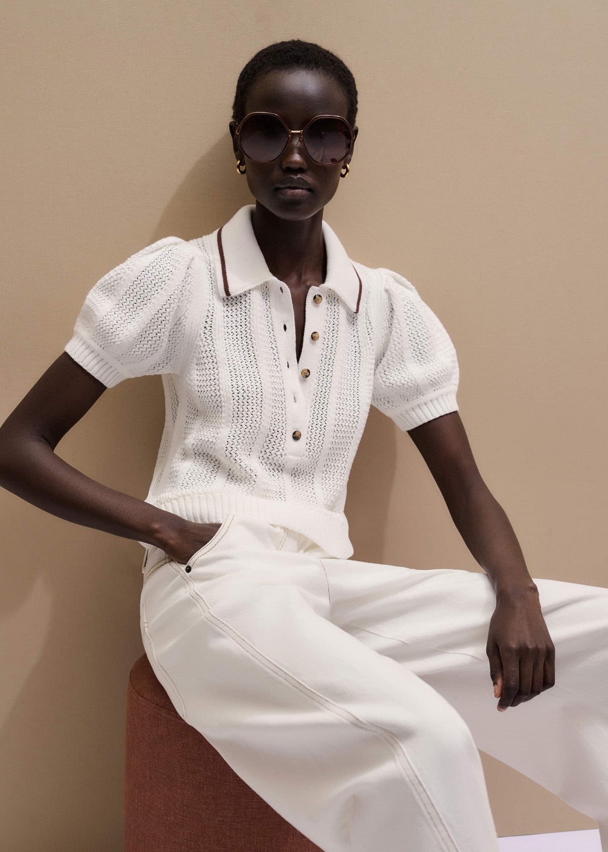 Cream Pointelle Pouf Sleeve Sporty Smart Polo Top