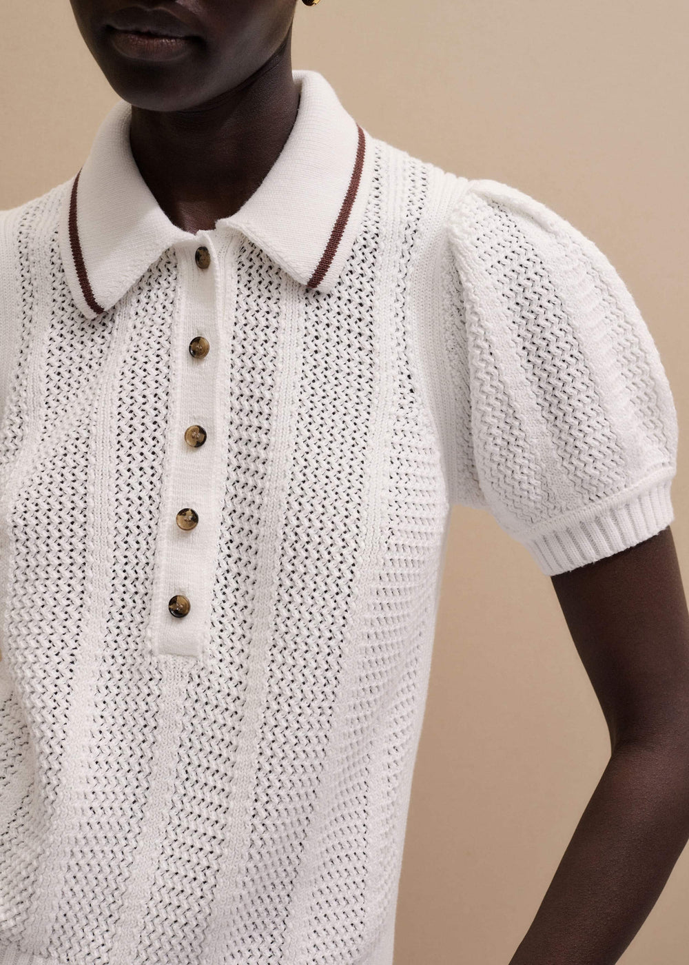 Cream Pointelle Pouf Sleeve Sporty Smart Polo Top