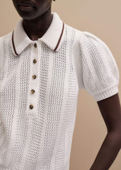 Cream Pointelle Pouf Sleeve Sporty Smart Polo Top