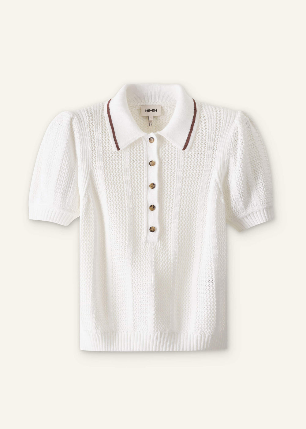 Cream Pointelle Pouf Sleeve Sporty Smart Polo Top