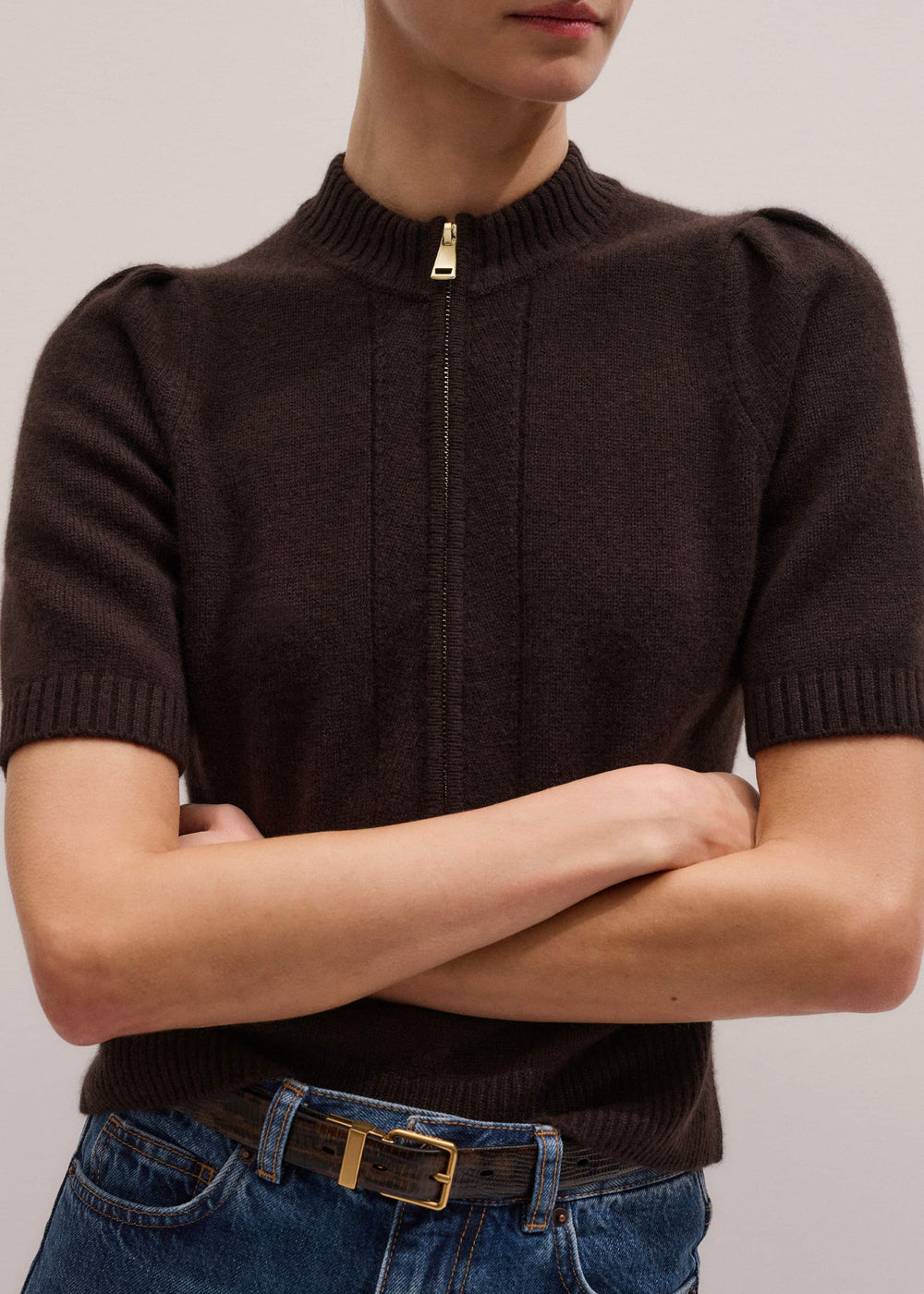 Brown Cashmere Zip Neck Pouf Sleeve Knit Tee