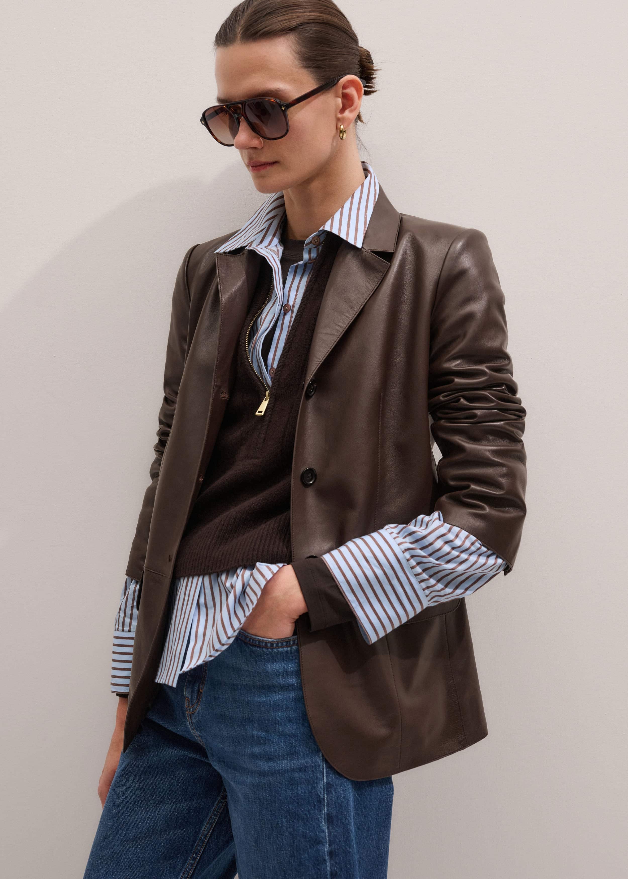 Brown Cashmere Zip Neck Pouf Sleeve Knit Tee