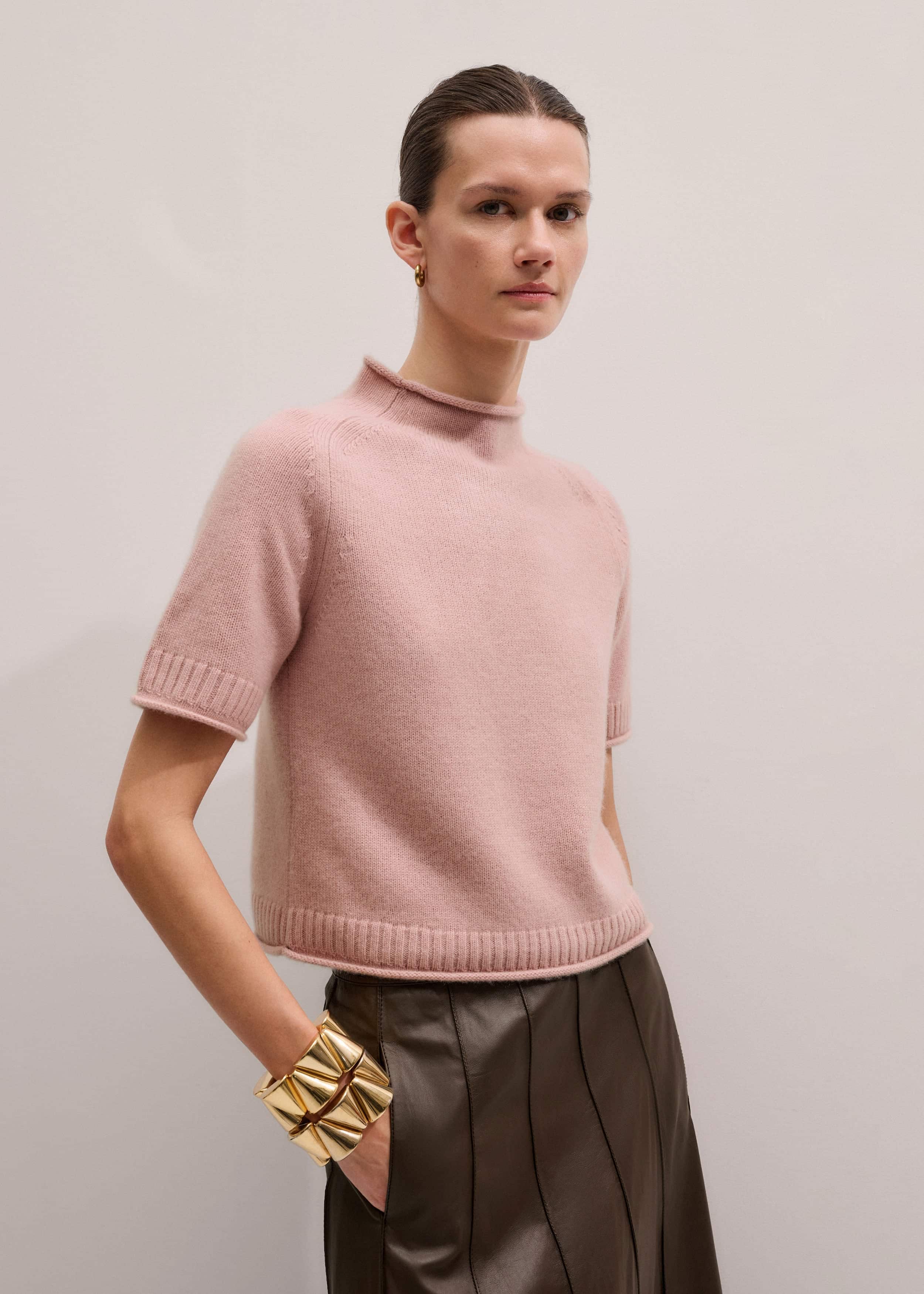 Pink Cashmere Roll Trim Knit Tee