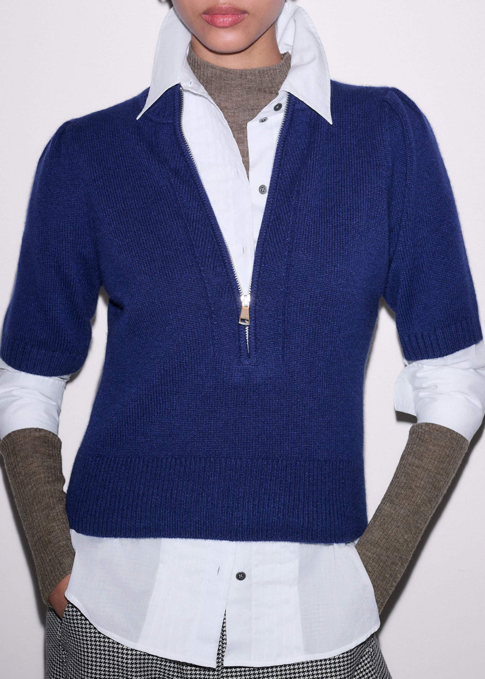 Blue Cashmere Zip Neck Pouf Sleeve Knit Tee