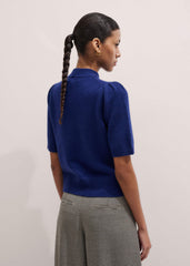 Blue Cashmere Zip Neck Pouf Sleeve Knit Tee