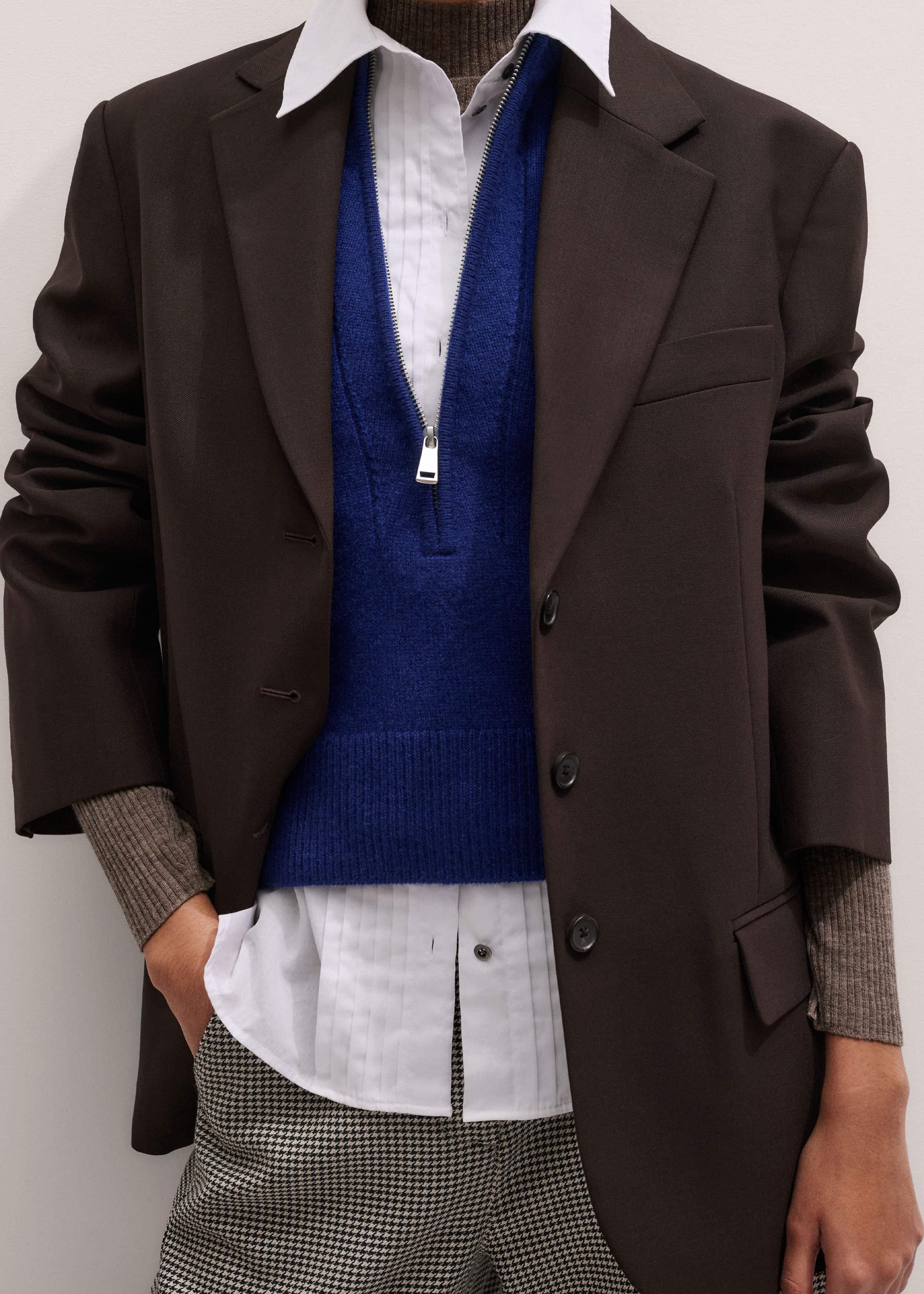 Blue Cashmere Zip Neck Pouf Sleeve Knit Tee
