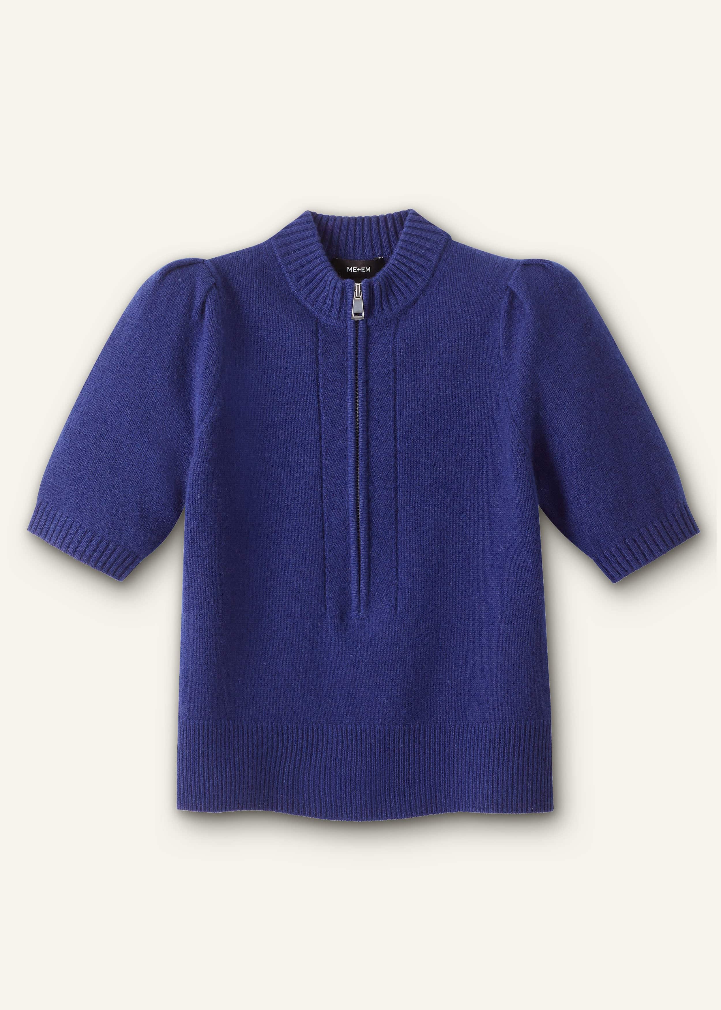 Blue Cashmere Zip Neck Pouf Sleeve Knit Tee