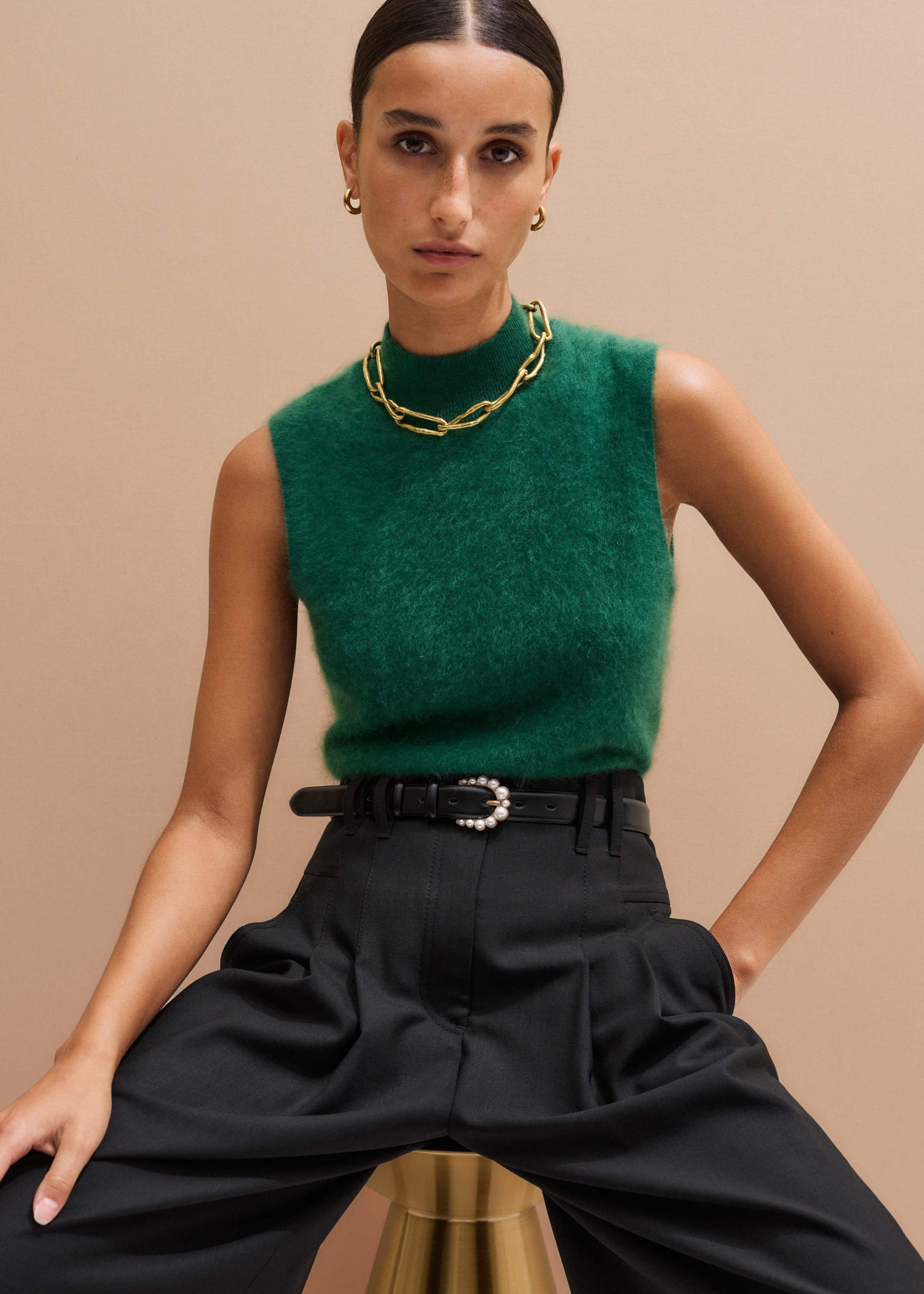 Green Brushed Cashmere High Neck Slim Sweater Vest