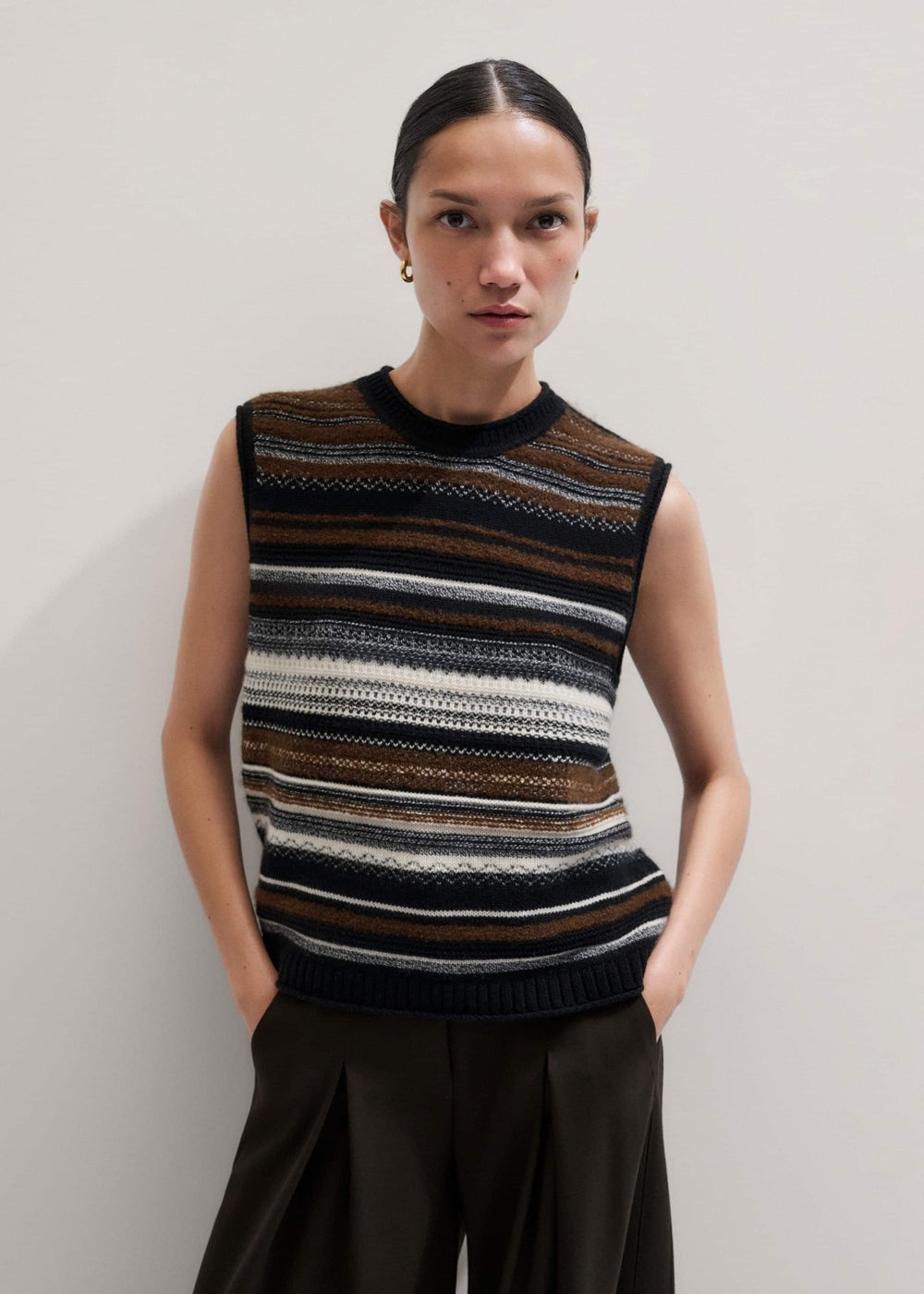 Black Textured Stitch Straight Sweater Vest + Snood
