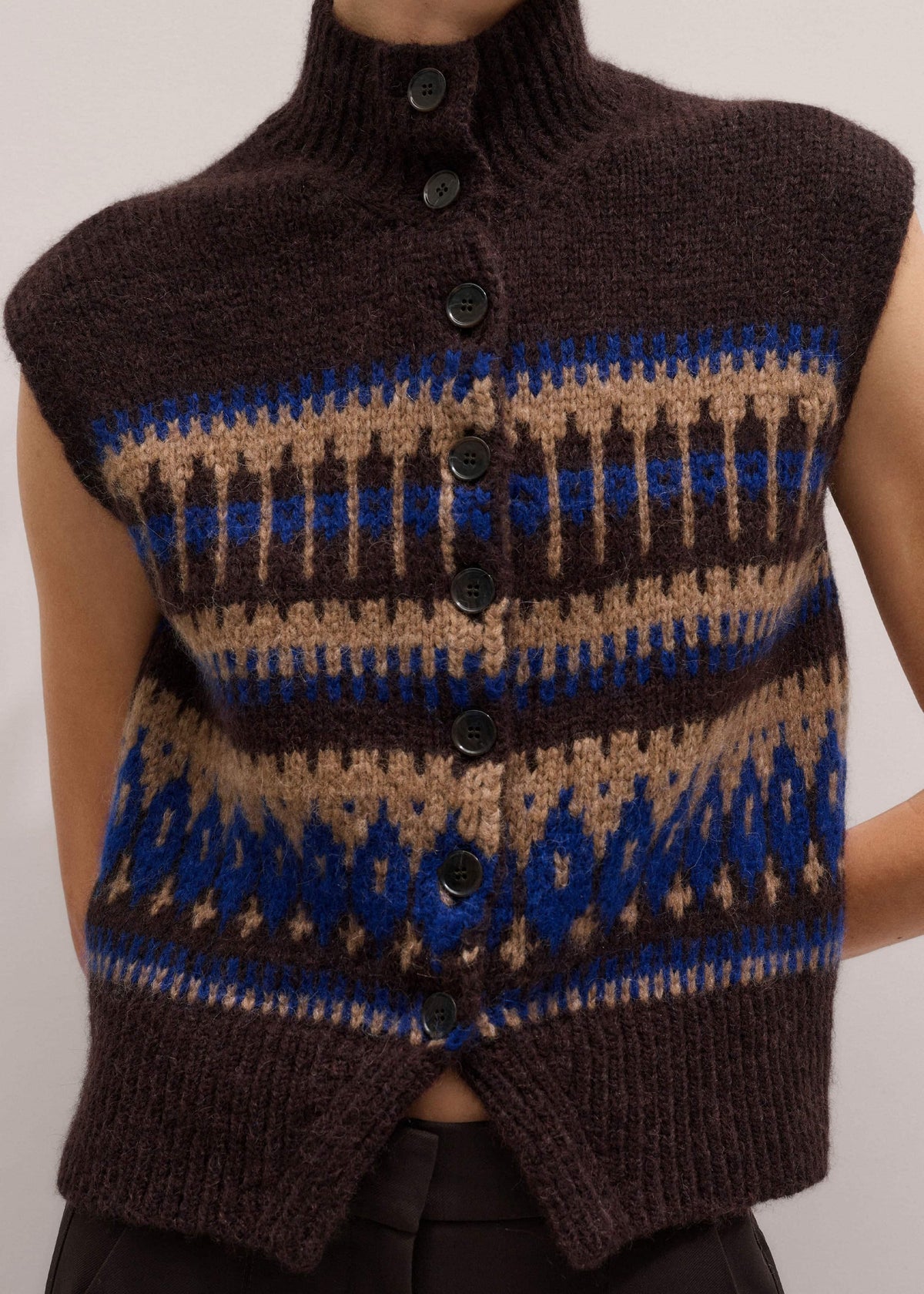 Brown Button-Through Relaxed Jacquard Vest
