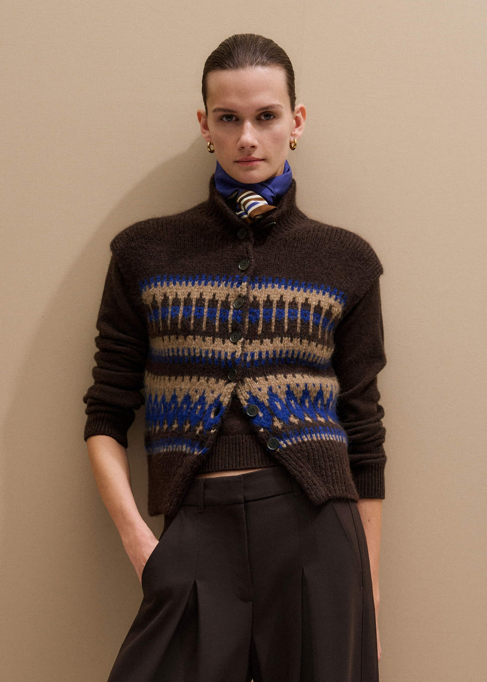 Brown Button-Through Relaxed Jacquard Vest