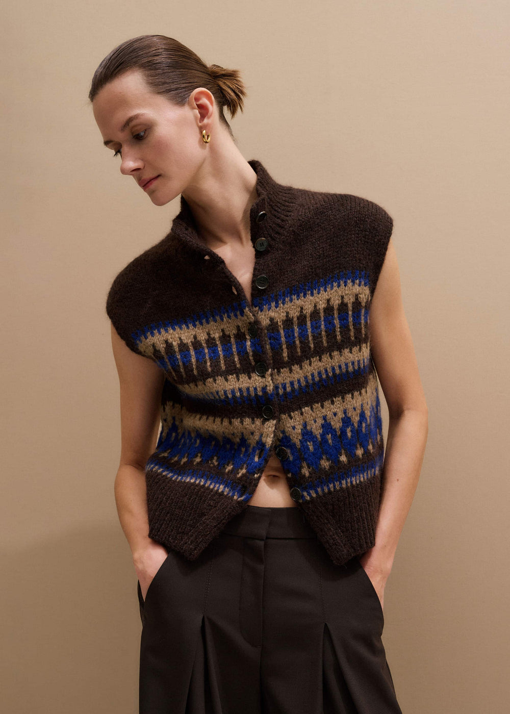 Brown Button-Through Relaxed Jacquard Vest