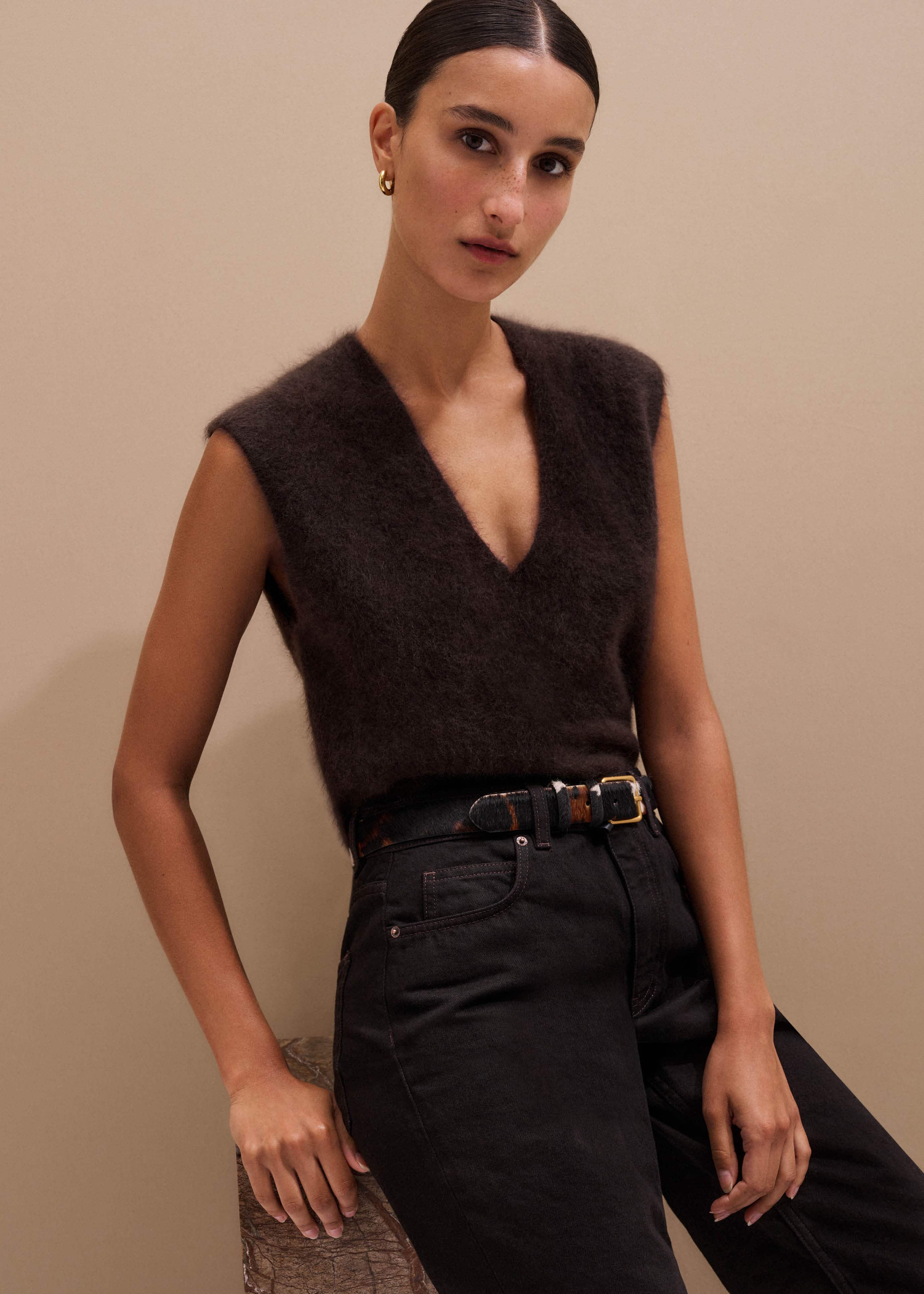 Brown Brushed Cashmere V-Neck Sweater Vest