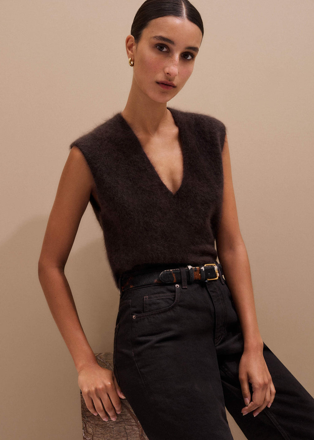Brown Brushed Cashmere V-Neck Sweater Vest