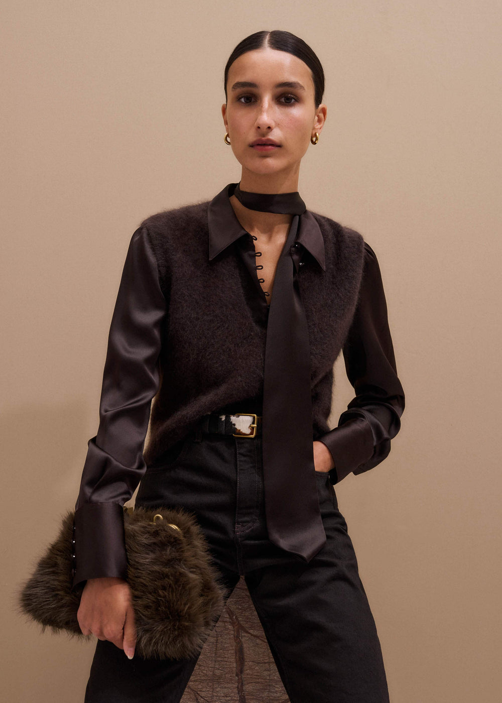 Brown Brushed Cashmere V-Neck Sweater Vest