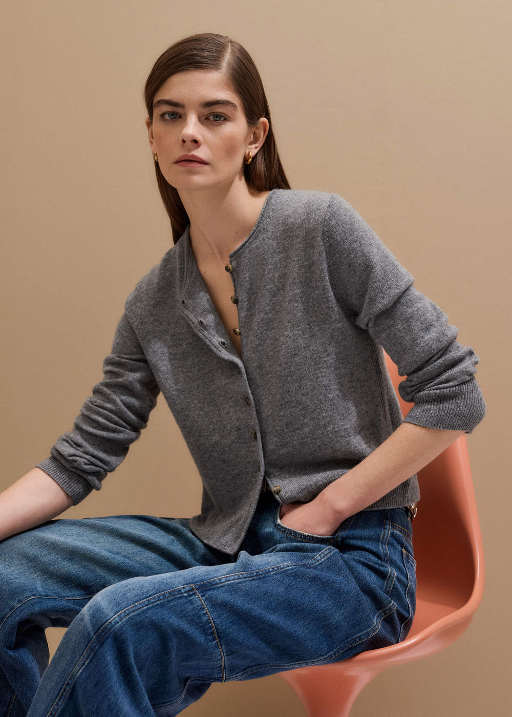 Gray Cashmere Roll Trim Straight Cardigan