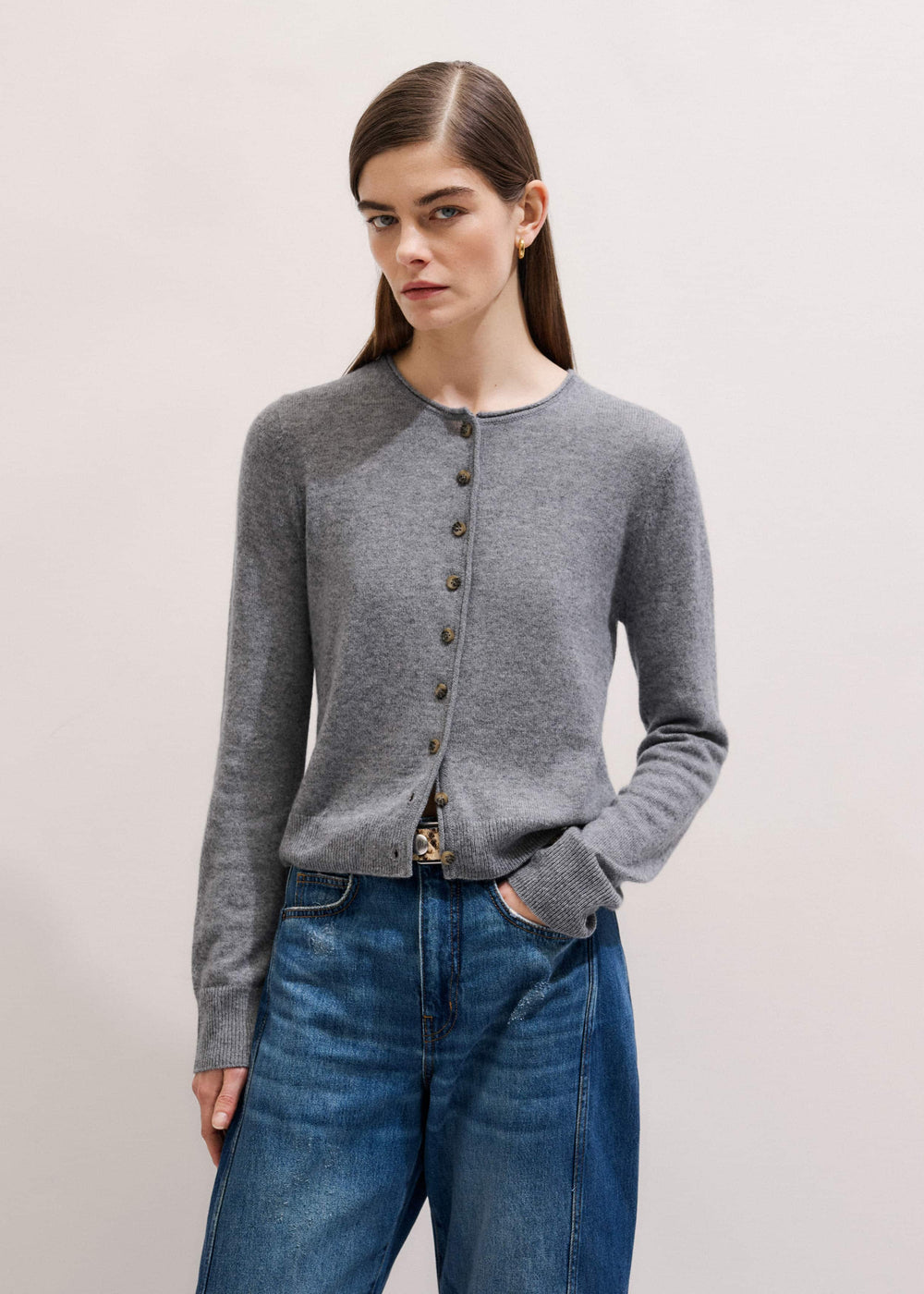 Gray Cashmere Roll Trim Straight Cardigan