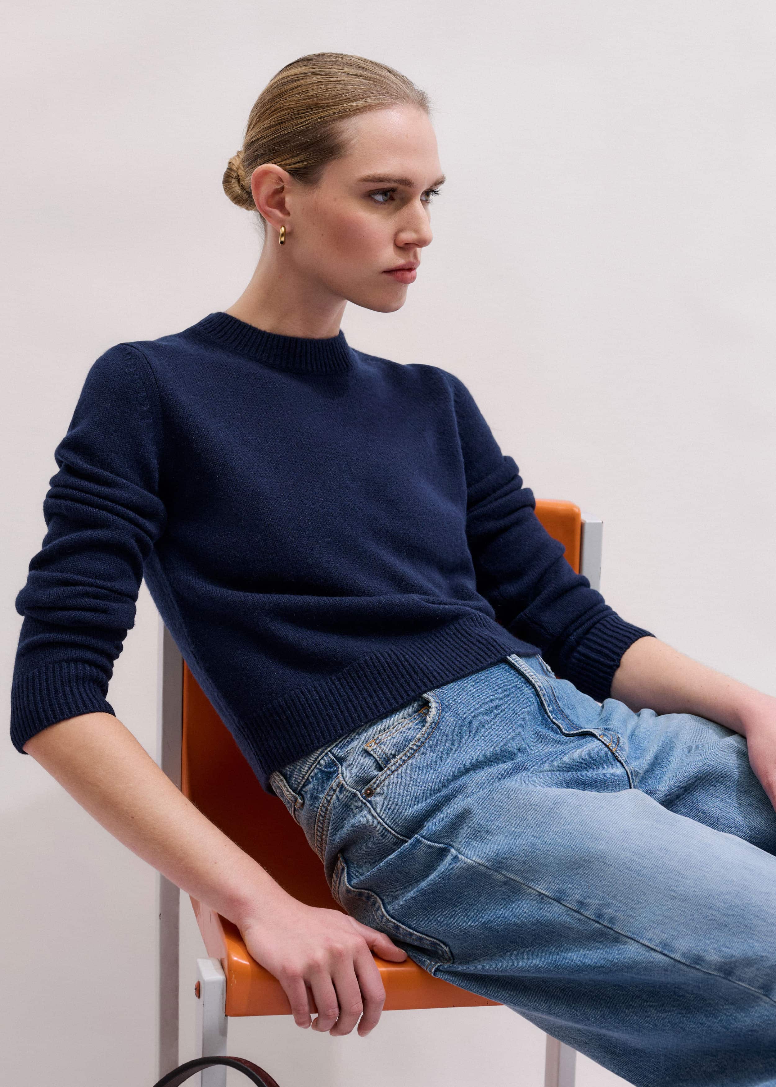 Navy Cashmere Crew Neck Crop Sweater