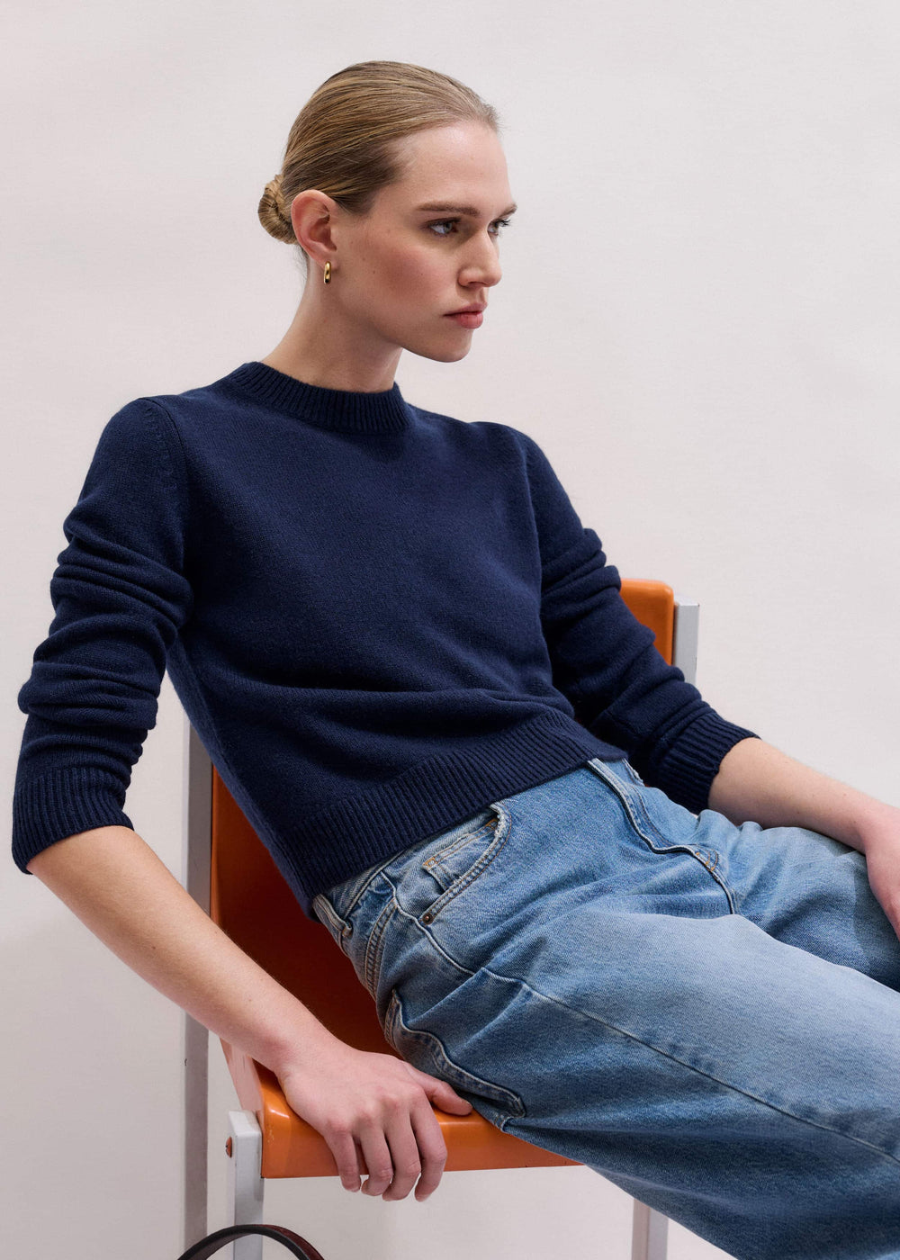 Navy Cashmere Crew Neck Crop Sweater