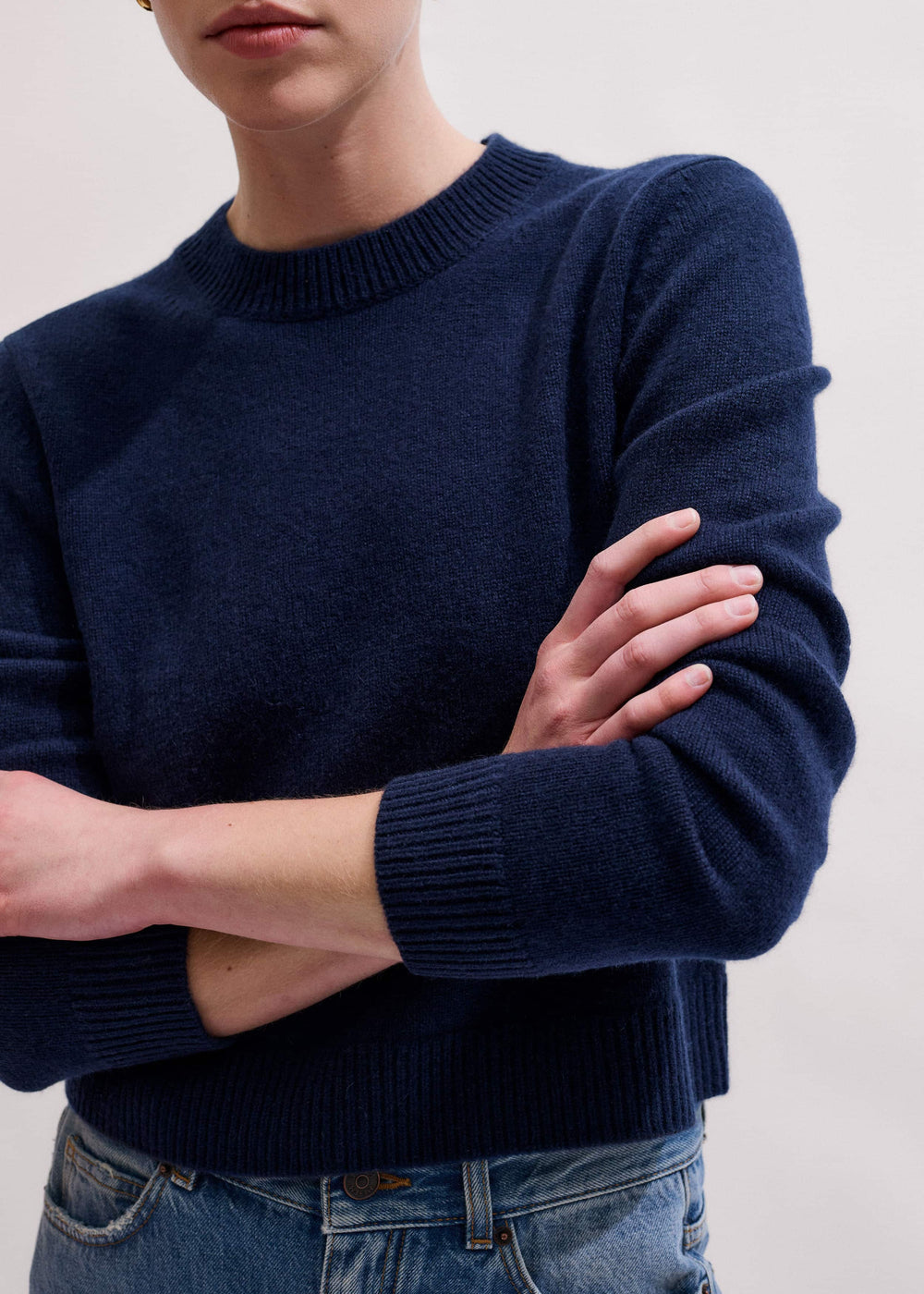 Navy Cashmere Crew Neck Crop Sweater